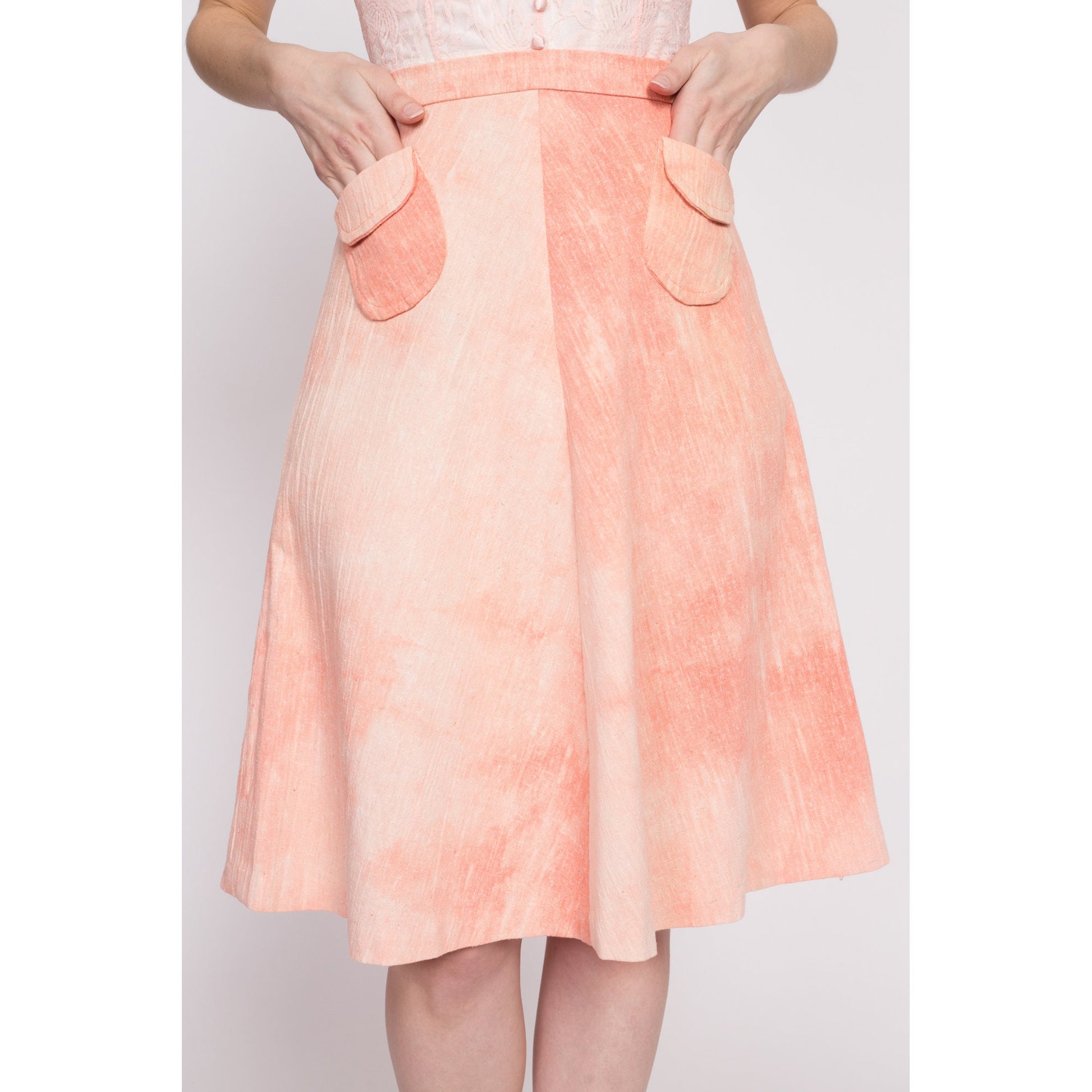 70s Peach Pink Tie Dye Skirt - Extra Small, 24" | Vintage Boho High Waisted A Line Pocket Skirt