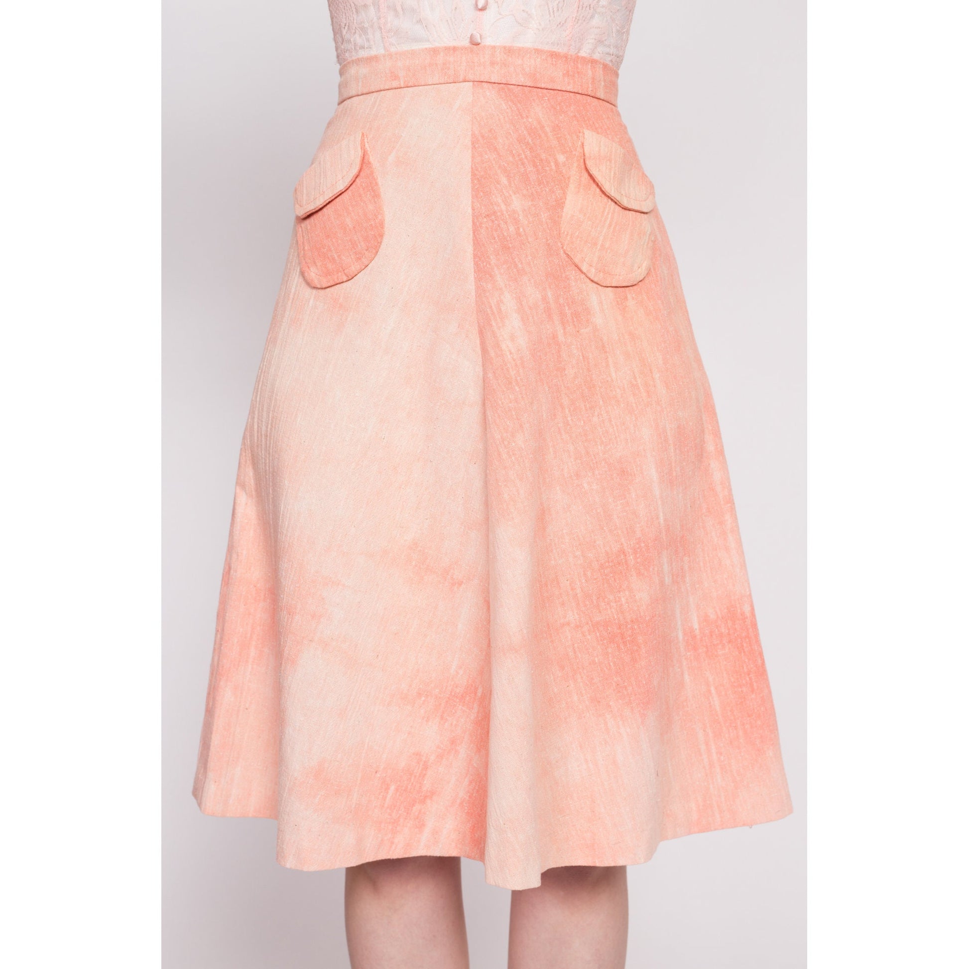 70s Peach Pink Tie Dye Skirt - Extra Small, 24" | Vintage Boho High Waisted A Line Pocket Skirt