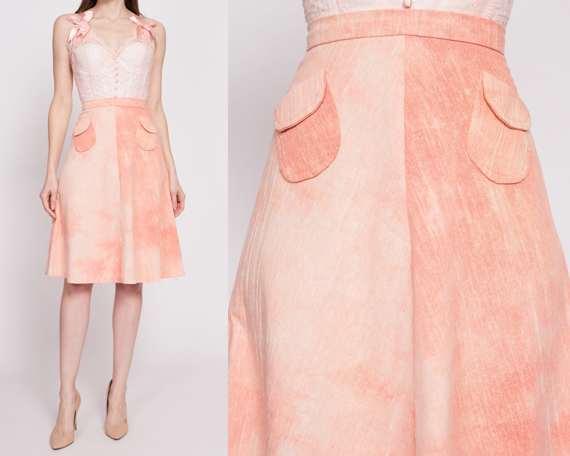 70s Peach Pink Tie Dye Skirt - Extra Small, 24" | Vintage Boho High Waisted A Line Pocket Skirt