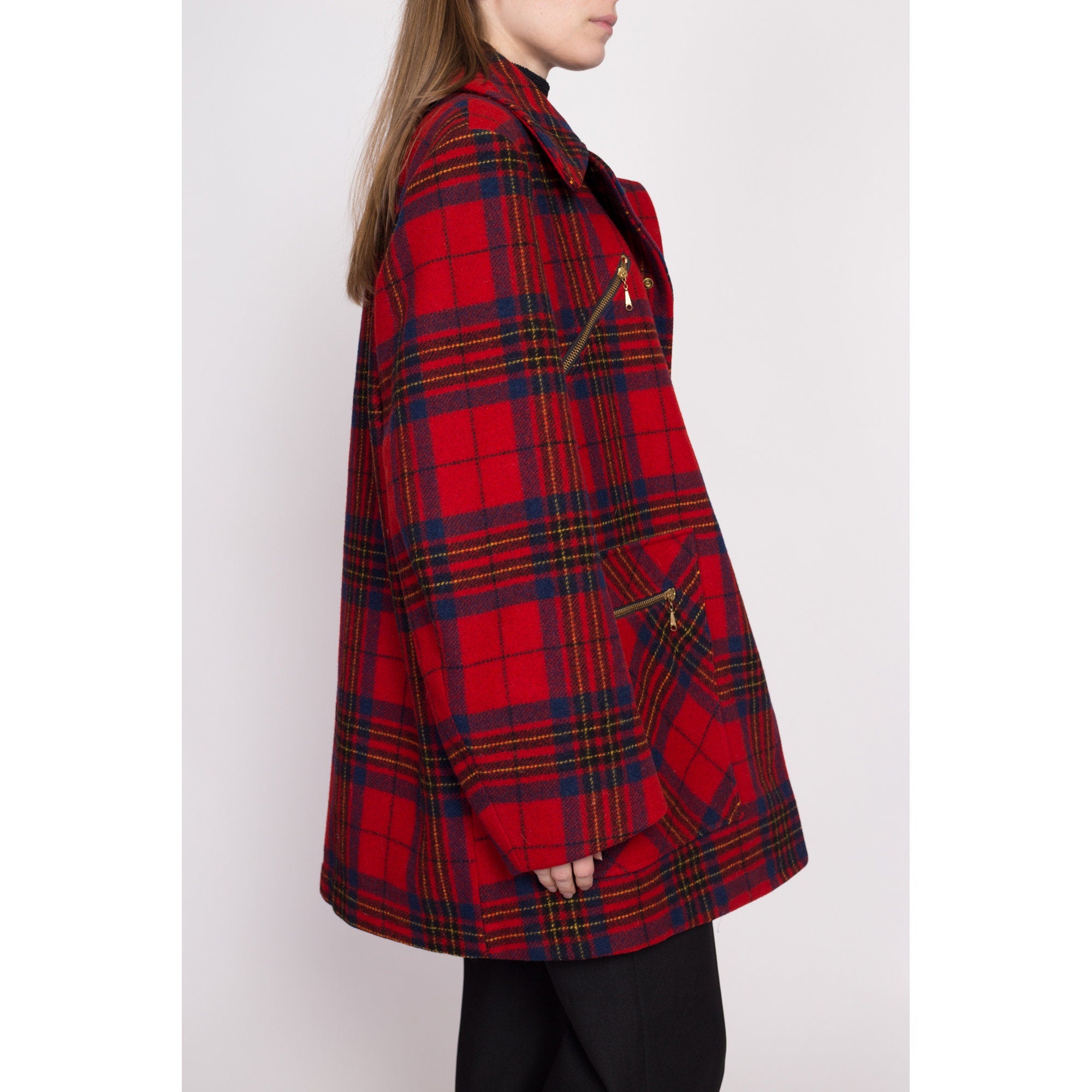 50s 60s Pendleton Red Plaid Wool Coat - Large