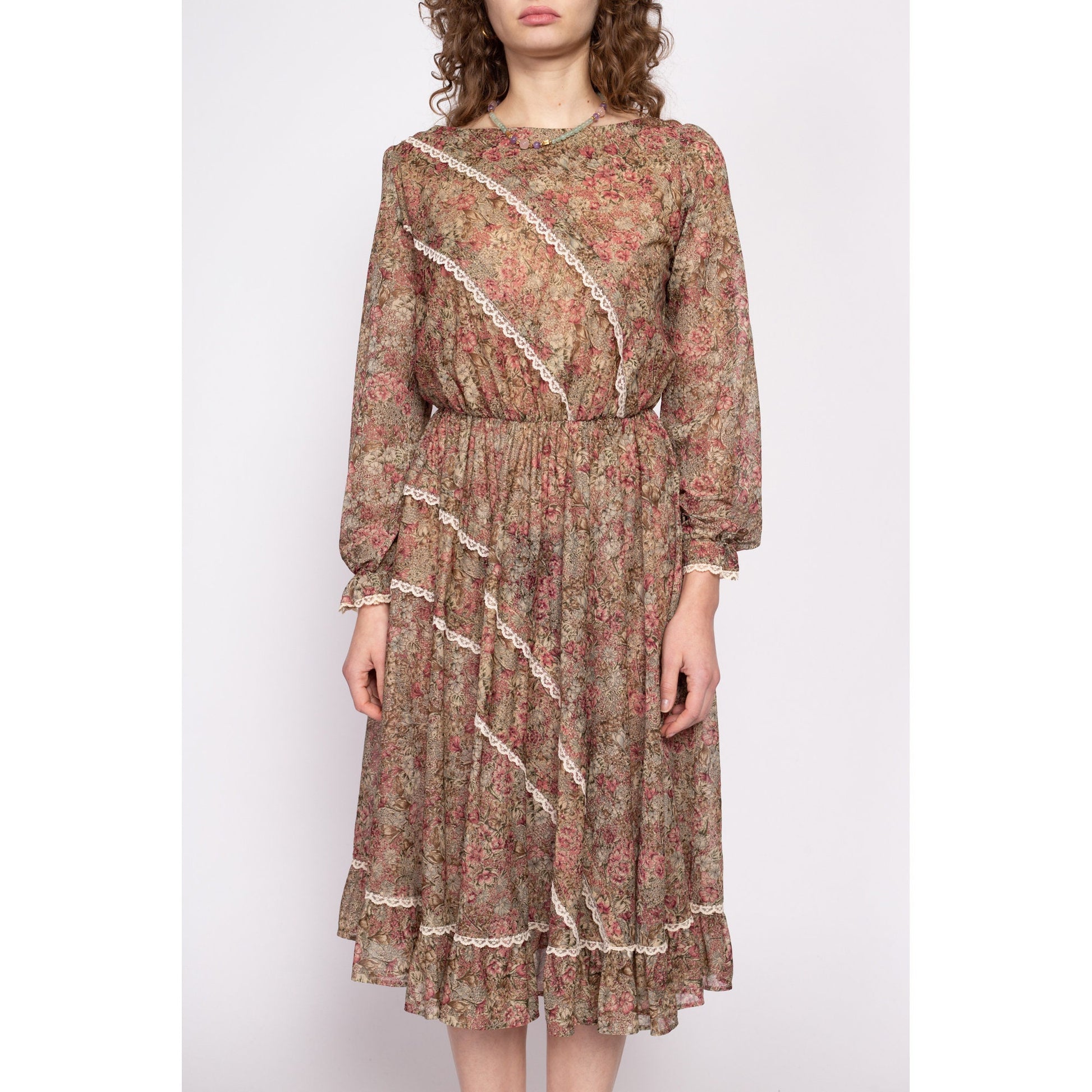 medier maskine miste dig selv 70s Boho Brown Floral Prairie Midi Dress - Medium – Flying Apple Vintage