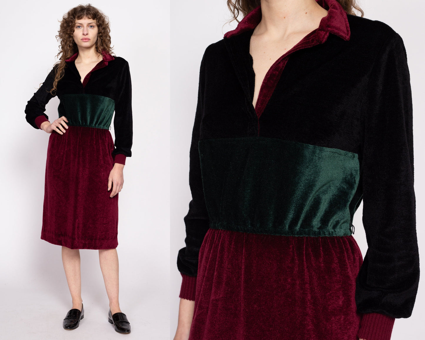 70s Jewel Tone Velour Midi Shirtdress - Medium to Large