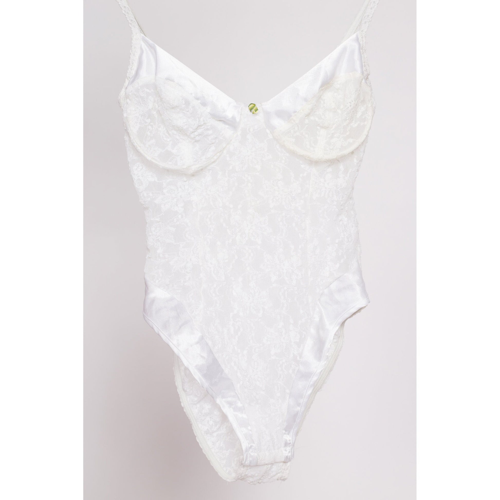 80s Sheer White Lace Teddy - Petite Small | Vintage High Hip Satin Trim One Piece Lingerie Bodysuit