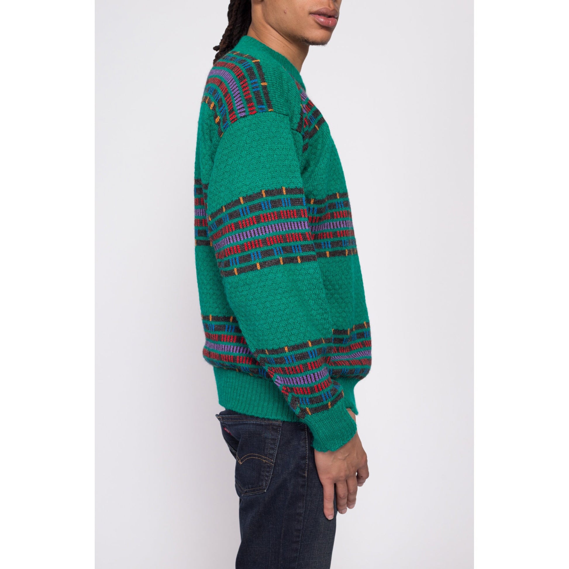 Vintage Green Striped Alpaca Wool Sweater - Men's Medium