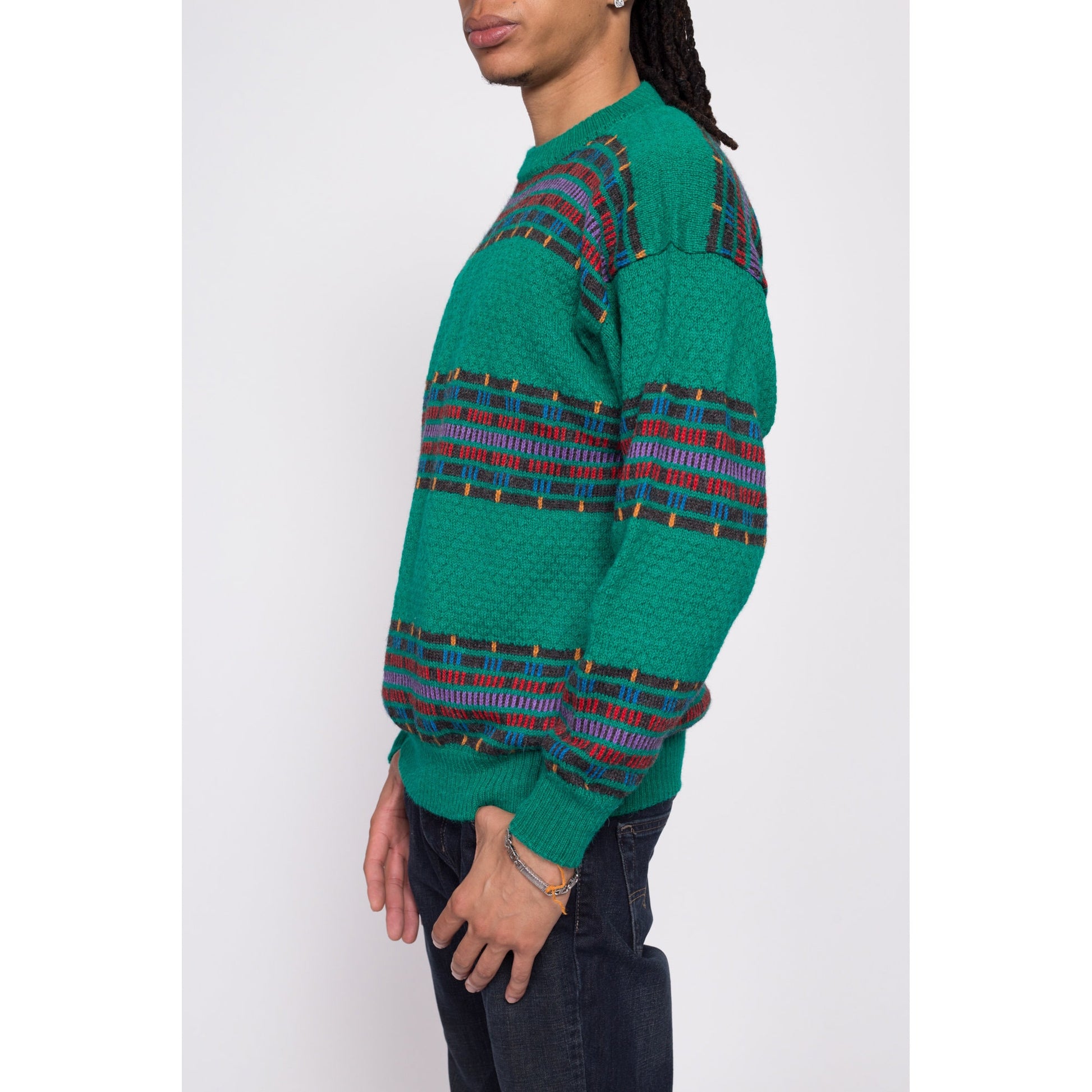 Vintage Green Striped Alpaca Wool Sweater - Men's Medium