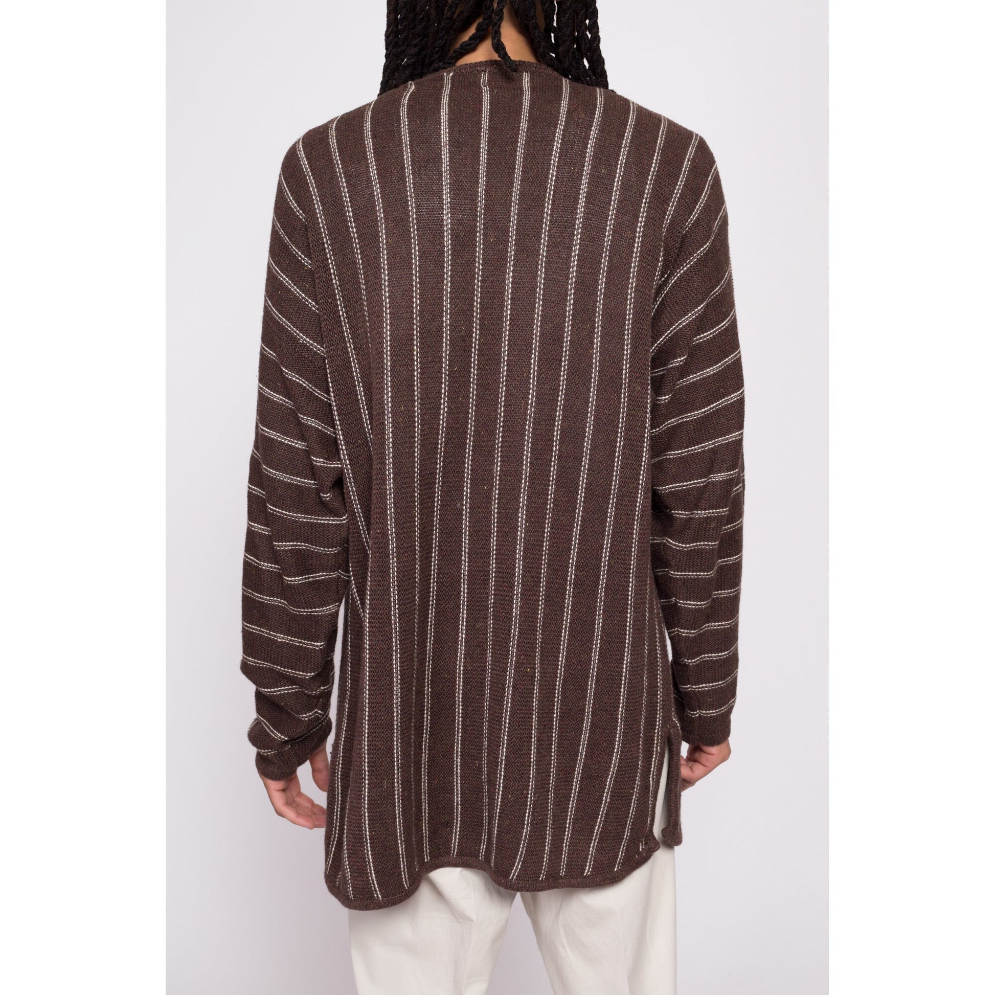 90s Brown & White Striped Tunic Sweater - Men's Medium to Large