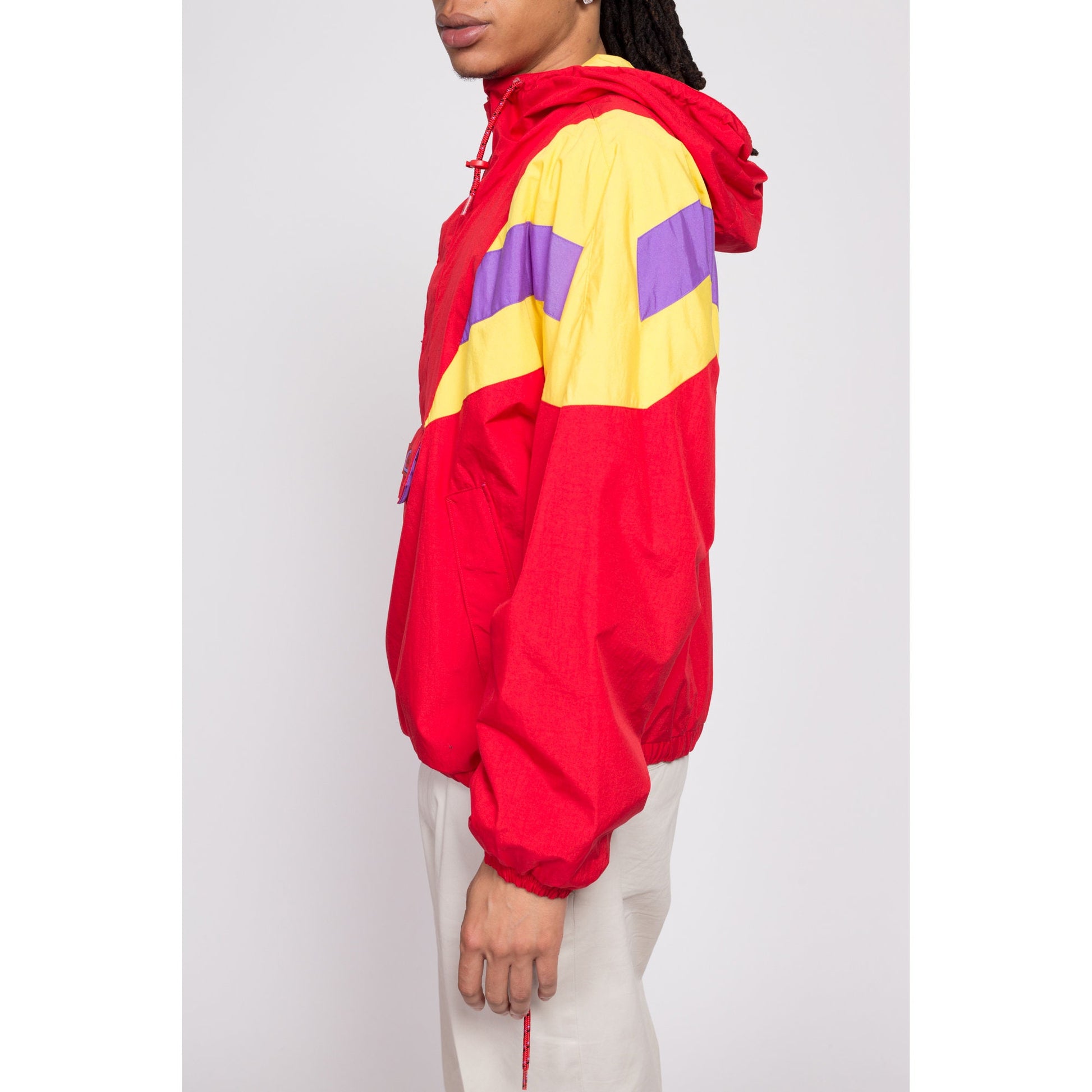 80s Red Color Block Windbreaker Hoodie - Men's Medium | Vintage CB Sports Half Zip Pullover Track Jacket