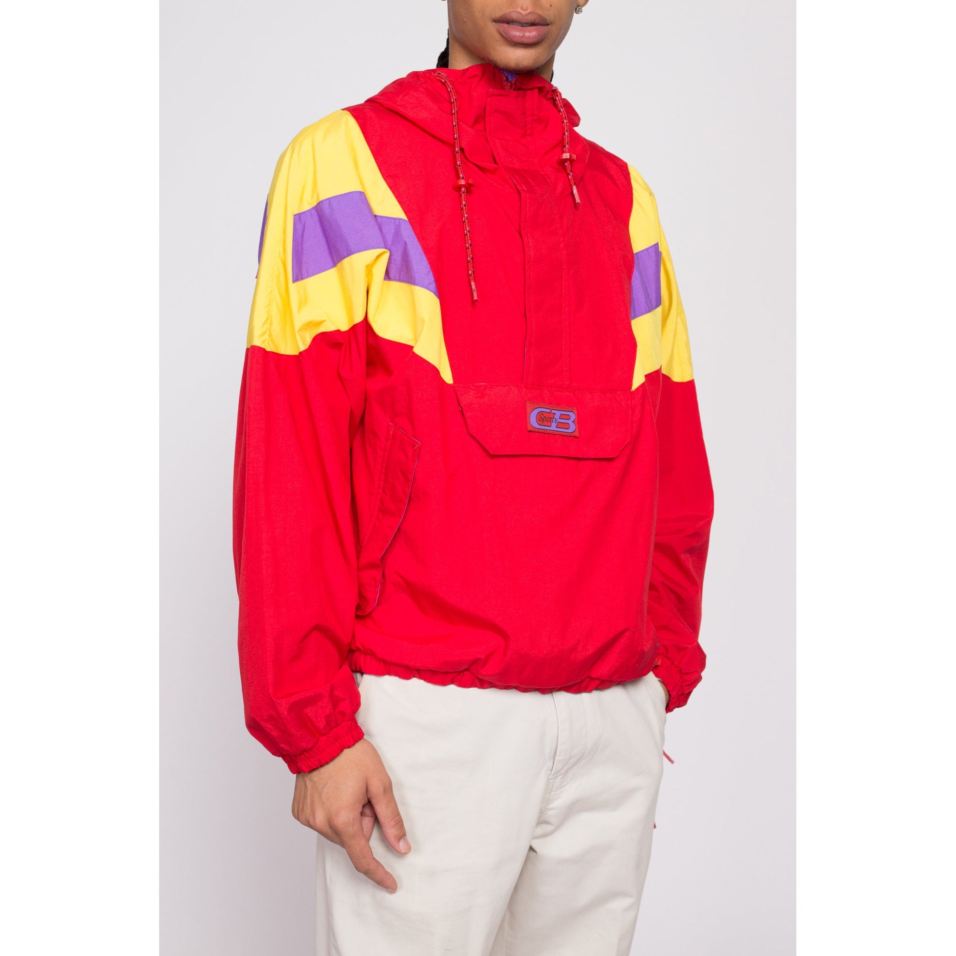 80s Red Color Block Windbreaker Hoodie - Men's Medium | Vintage CB Sports Half Zip Pullover Track Jacket