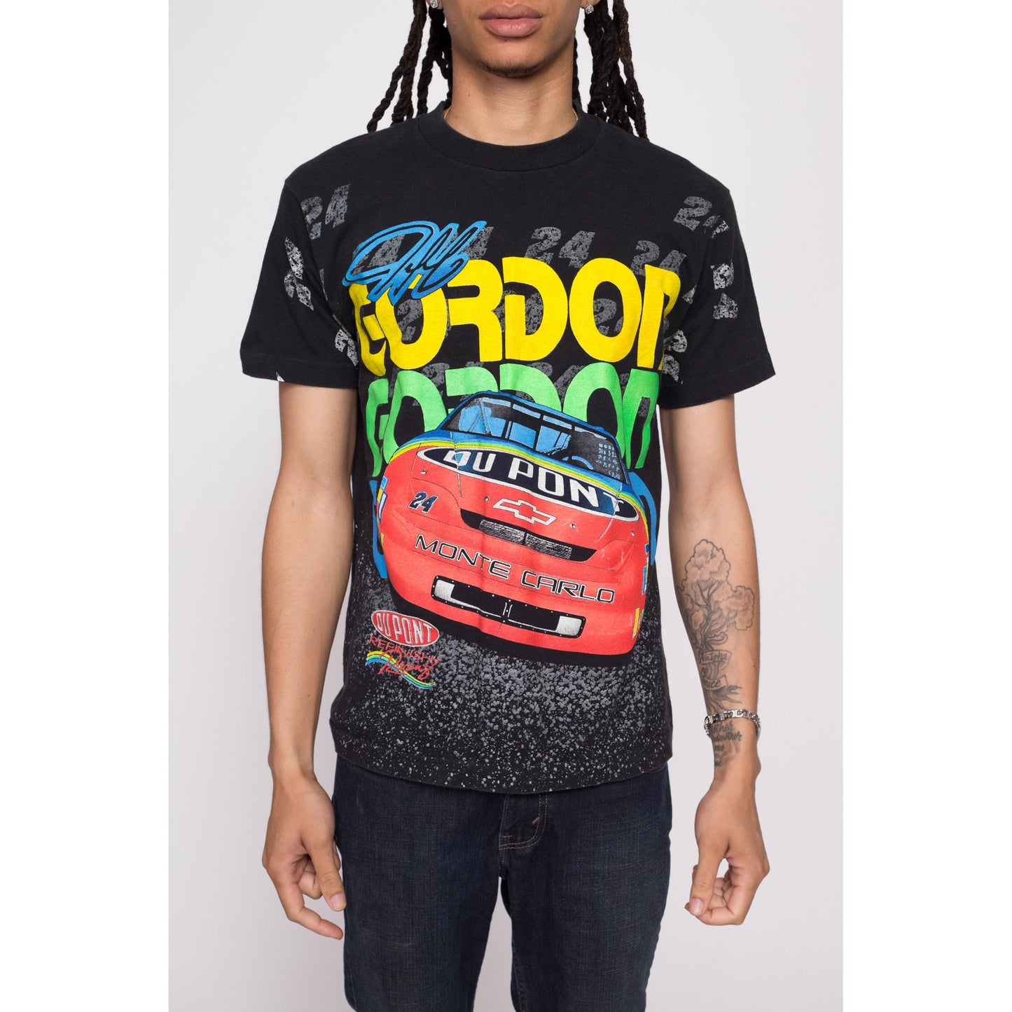 90s Jeff Gordon NASCAR "Going Going Gone!" All Over Print Tee - Men's Medium | Vintage Black Du Pont Race Car Graphic T Shirt