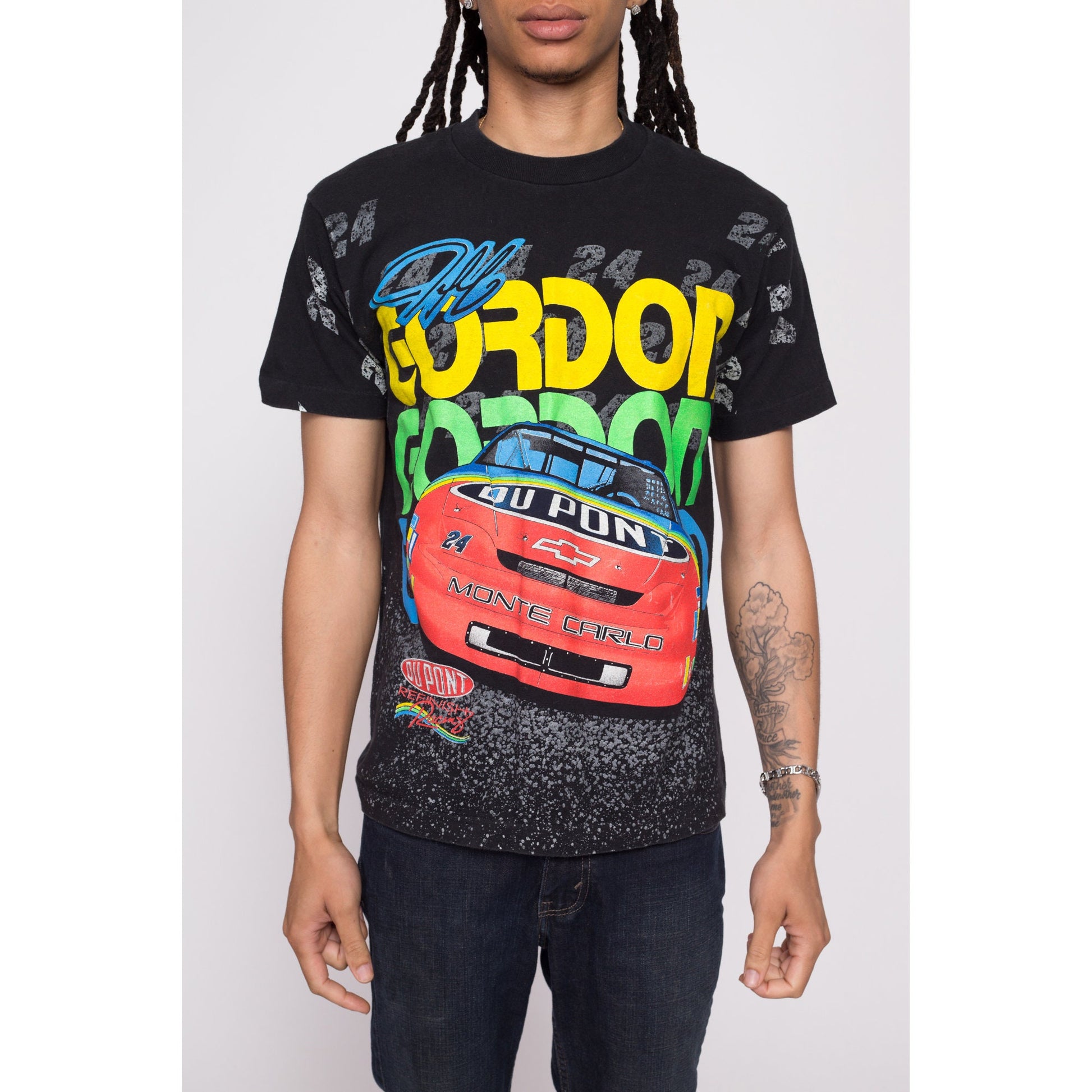 90s Jeff Gordon NASCAR "Going Going Gone!" All Over Print Tee - Men's Medium | Vintage Black Du Pont Race Car Graphic T Shirt