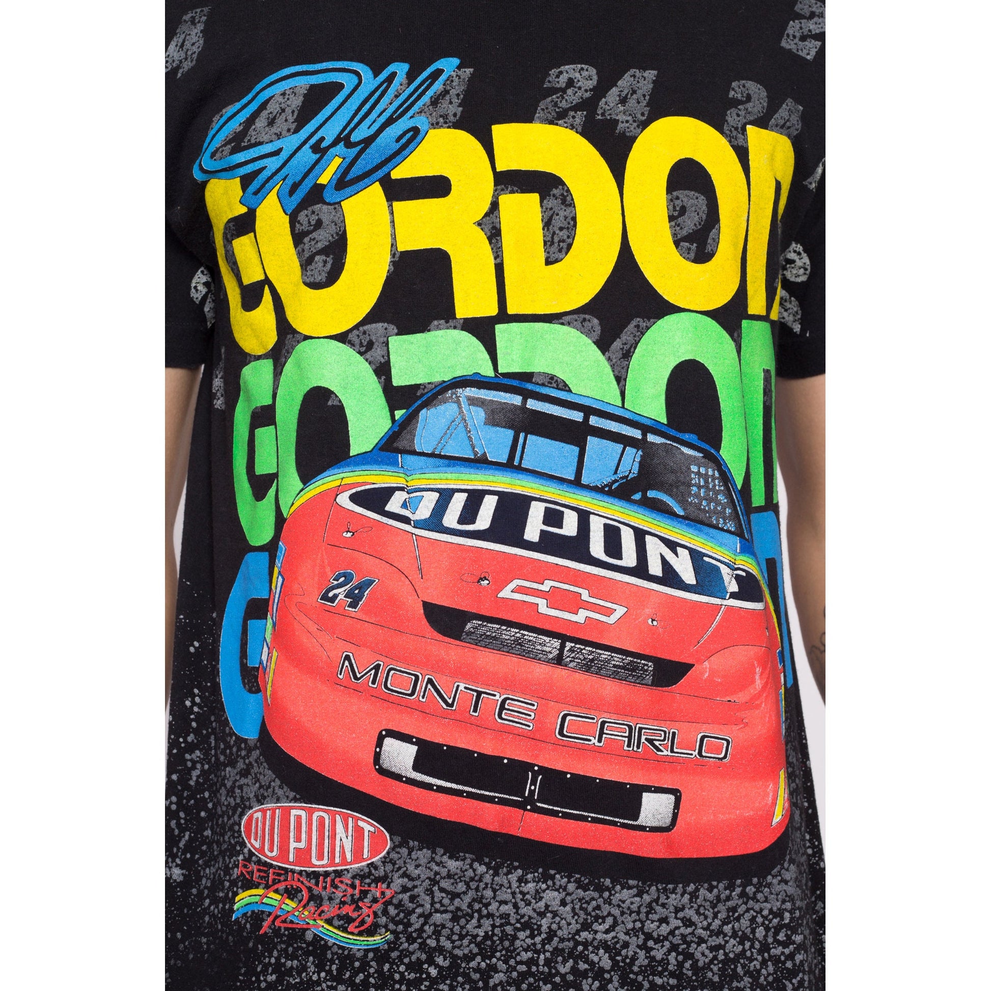 90s Jeff Gordon NASCAR "Going Going Gone!" All Over Print Tee - Men's Medium | Vintage Black Du Pont Race Car Graphic T Shirt