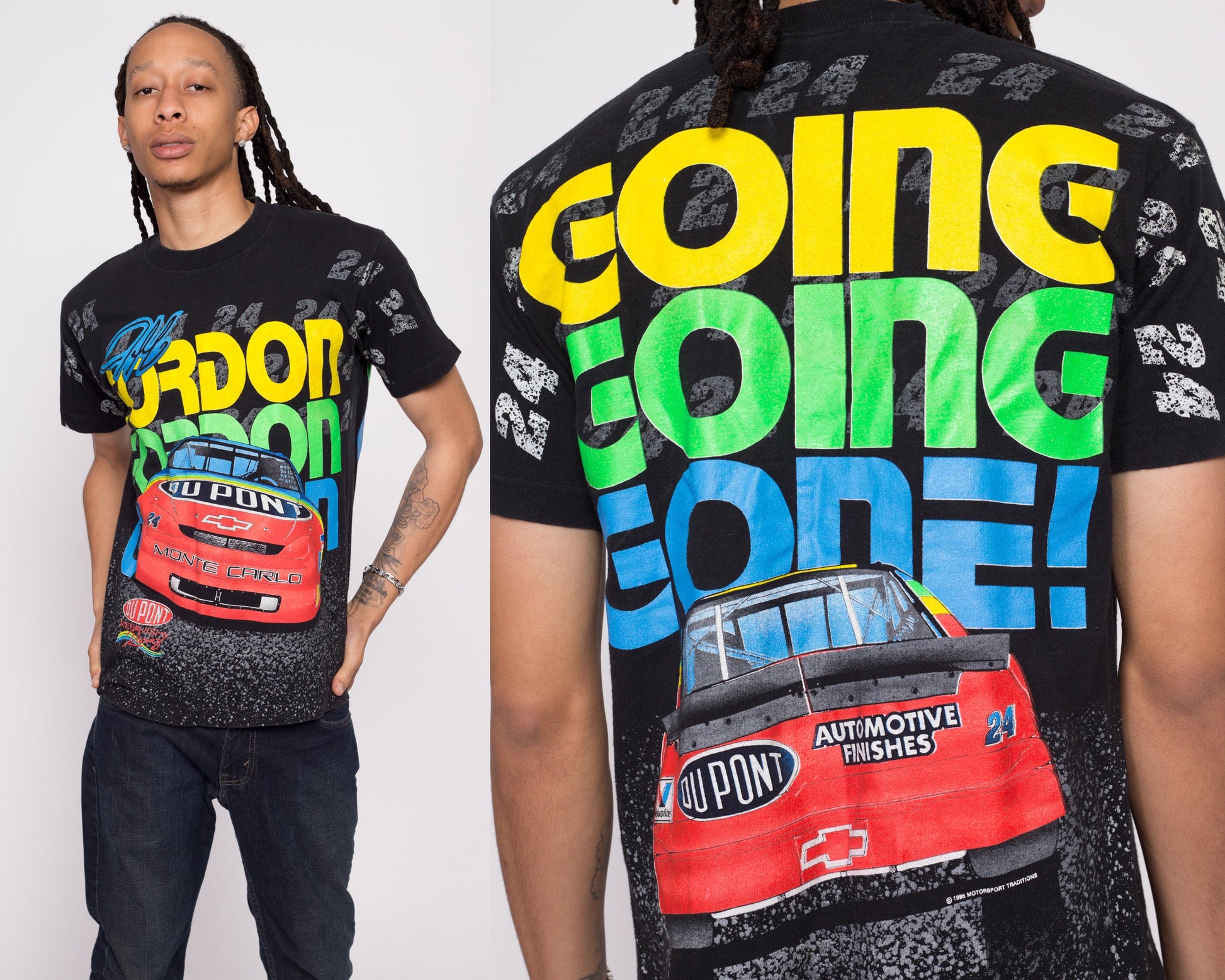 90s Jeff Gordon NASCAR "Going Going Gone!" All Over Print Tee - Men's Medium | Vintage Black Du Pont Race Car Graphic T Shirt