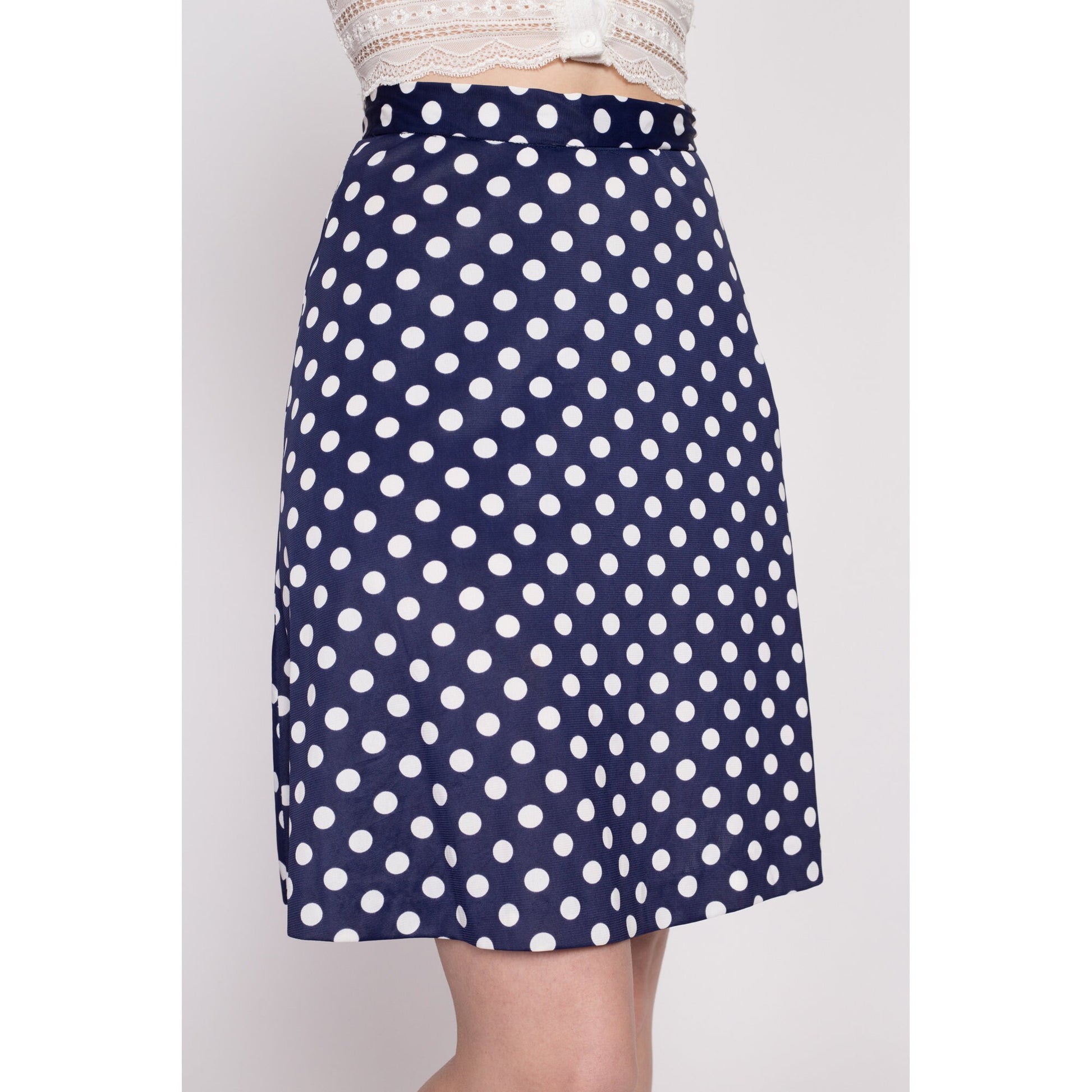 60s 70s Navy Blue Polka Dot Mini Skirt - Extra Small, 25" | Vintage A Line High Waist Retro Skirt
