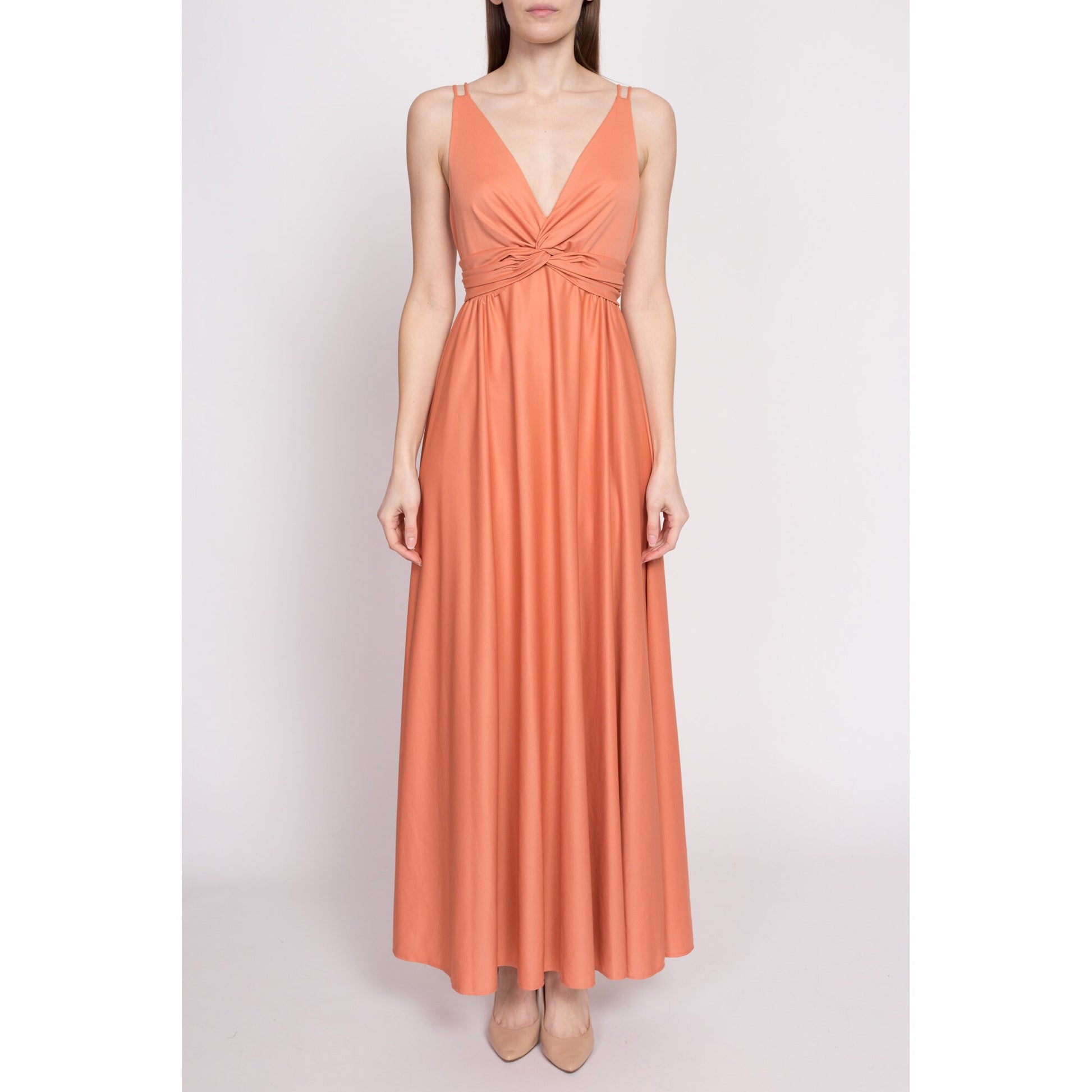 70s Grecian Peach Maxi Gown - Small | Vintage Low Back V Neck Spaghetti Strap Disco Party Dress