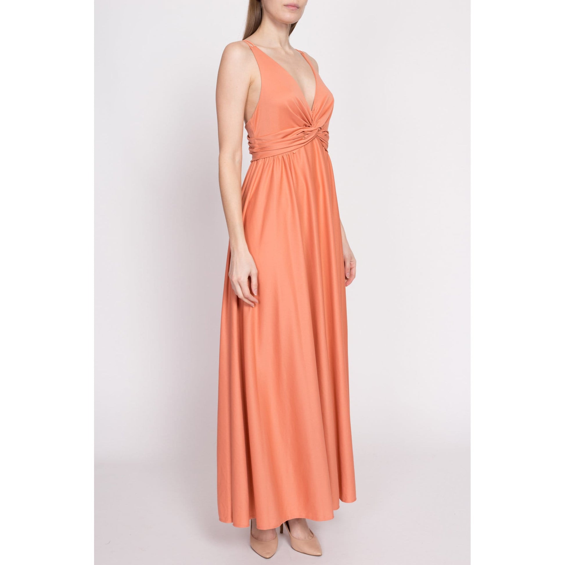 70s Grecian Peach Maxi Gown - Small | Vintage Low Back V Neck Spaghetti Strap Disco Party Dress