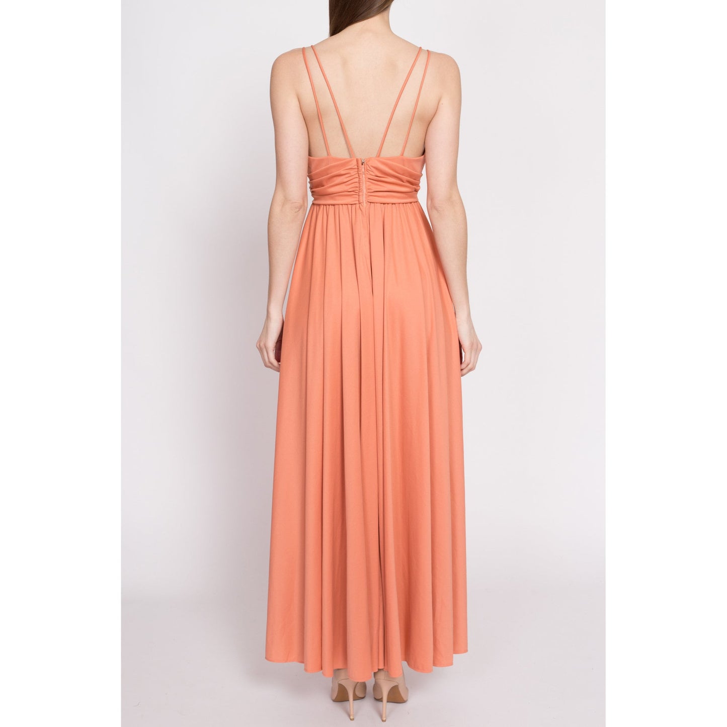 70s Grecian Peach Maxi Gown - Small | Vintage Low Back V Neck Spaghetti Strap Disco Party Dress