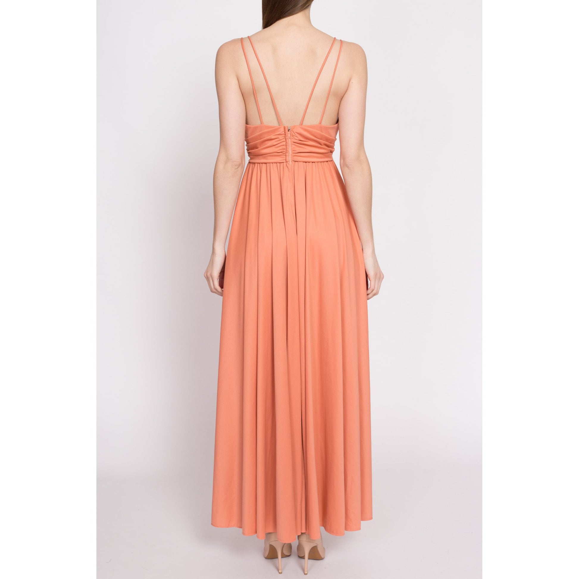 70s Grecian Peach Maxi Gown - Small | Vintage Low Back V Neck Spaghetti Strap Disco Party Dress