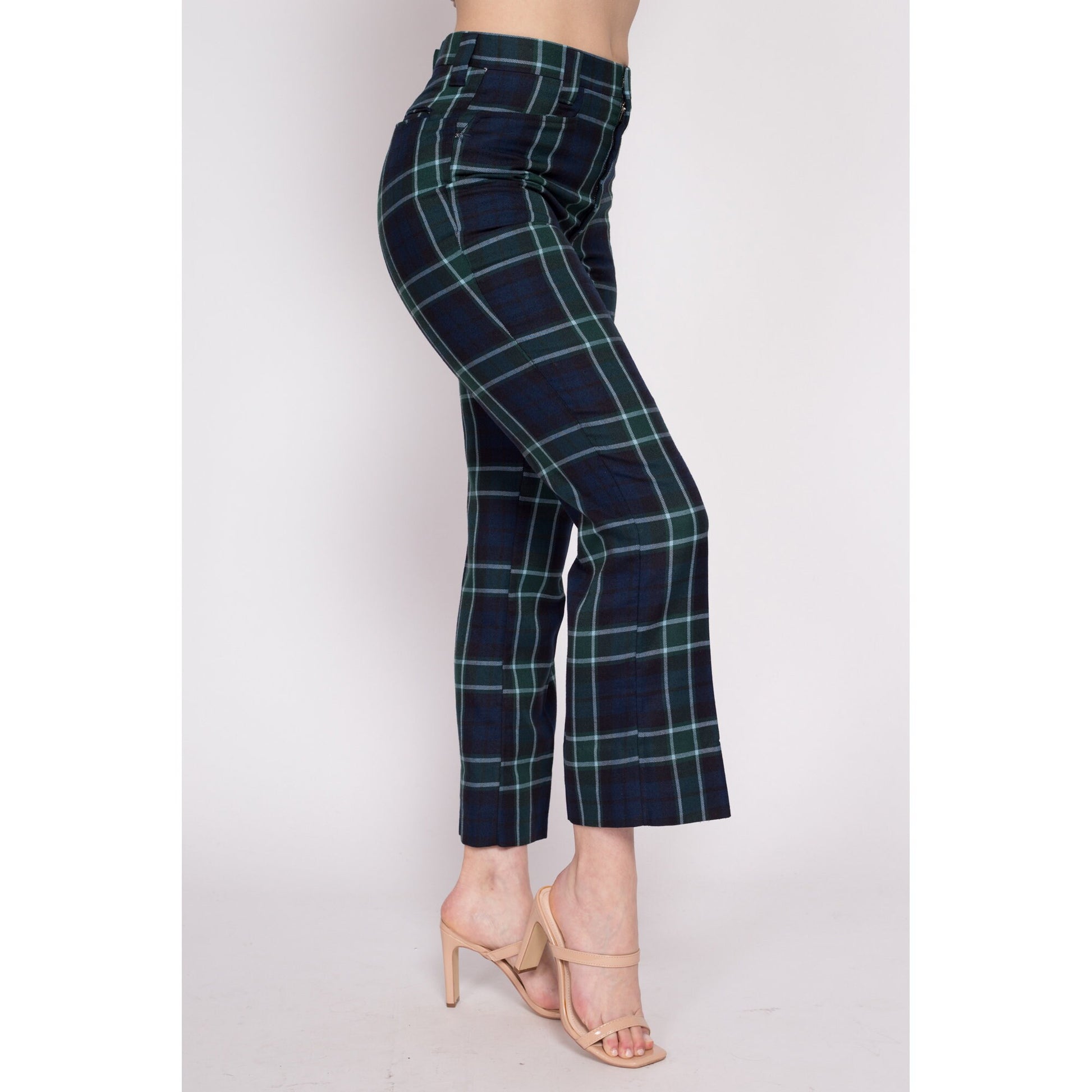 70s Blue & Green Plaid Kick Flare Trousers - Medium Short – Flying