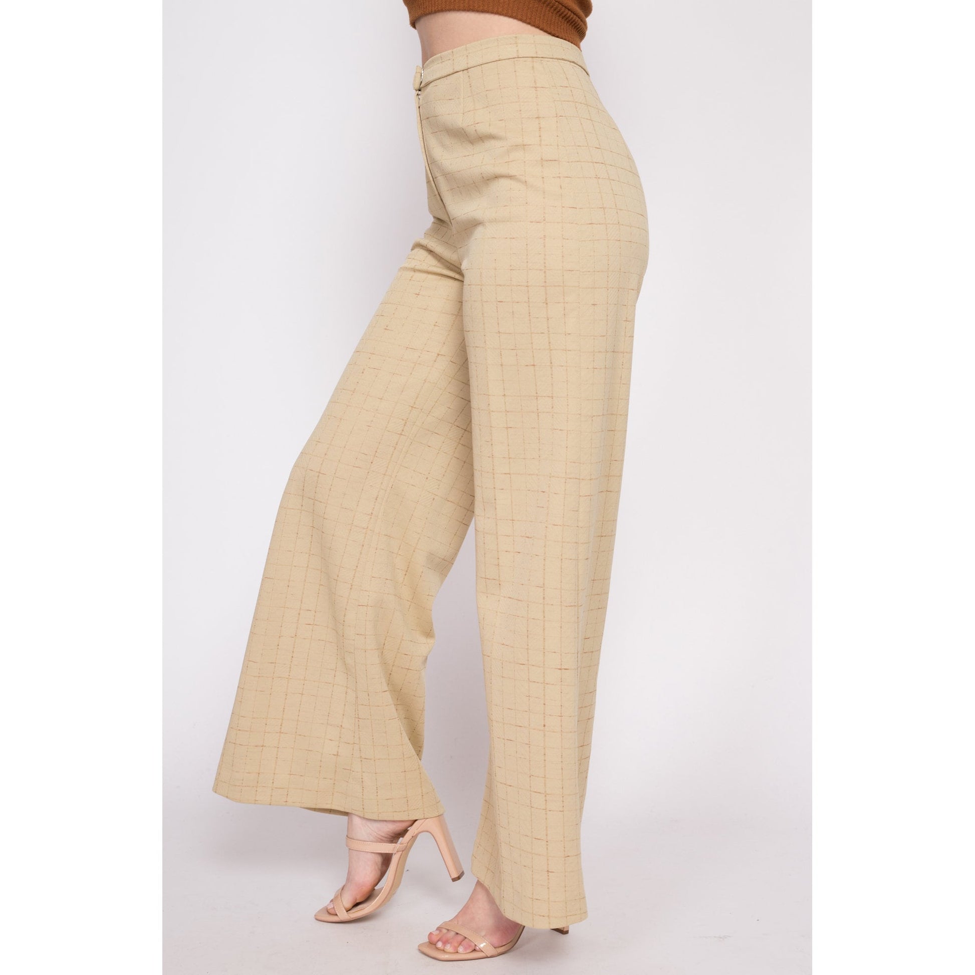 70s Tan Grid Print Wide Leg Pants - Medium, 27"-28"
