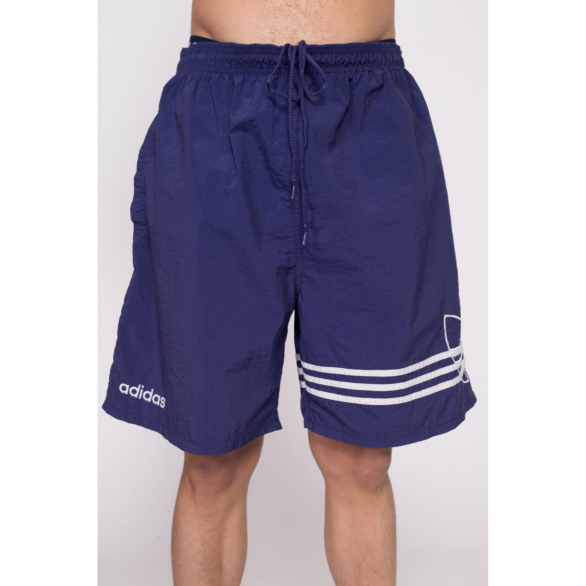 90s Adidas Trefoil Logo Track Shorts - Men's Large to XL | Vintage Blue White Striped Nylon Athletic Running Shorts