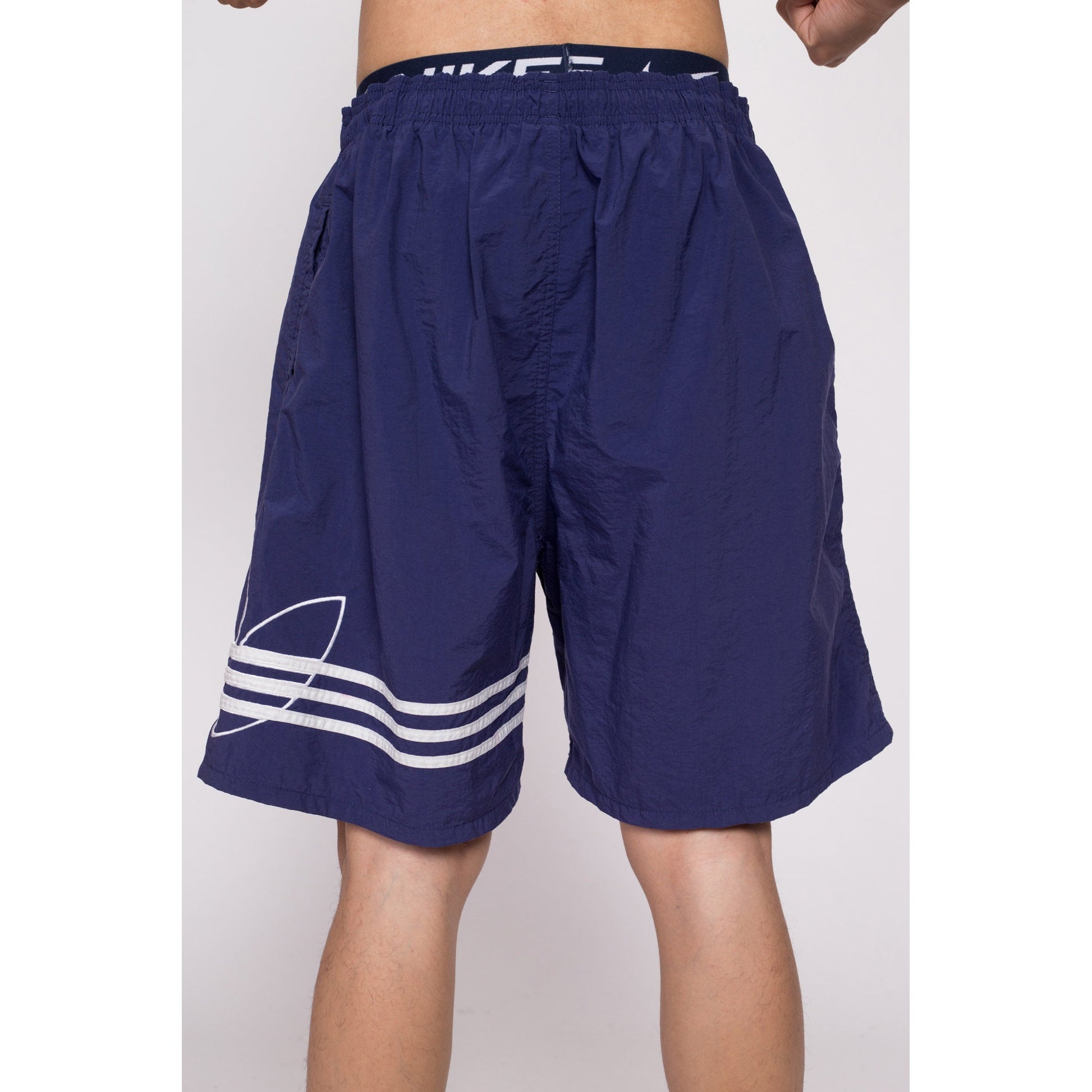 90s Adidas Trefoil Logo Track Shorts - Men's Large to XL | Vintage Blue White Striped Nylon Athletic Running Shorts