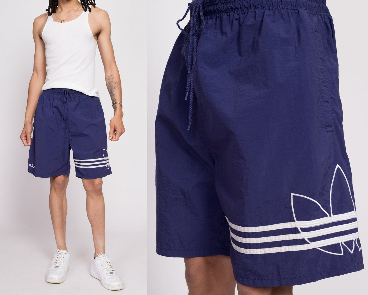90s Adidas Trefoil Logo Track Shorts - Men's Large to XL | Vintage Blue White Striped Nylon Athletic Running Shorts