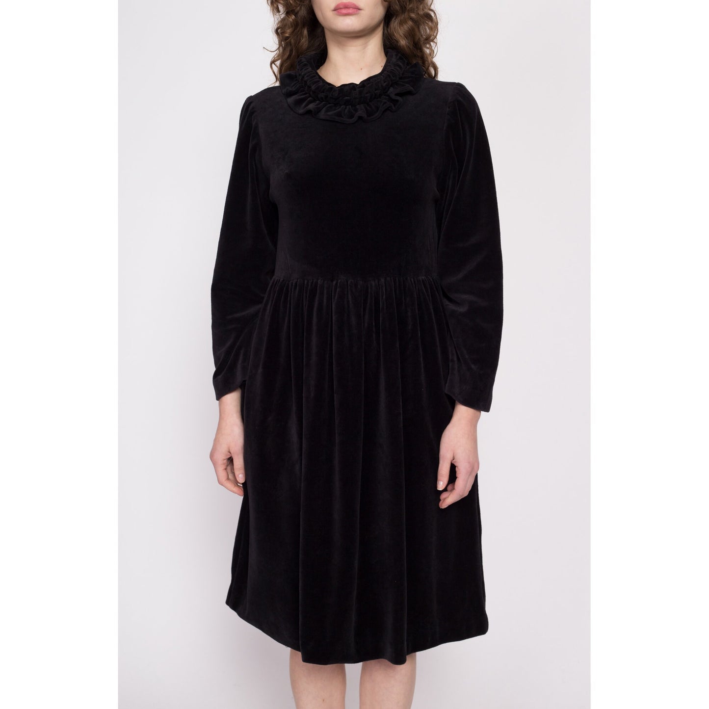 Vintage Black Velvet Ruffle Collar Midi Dress - One Size