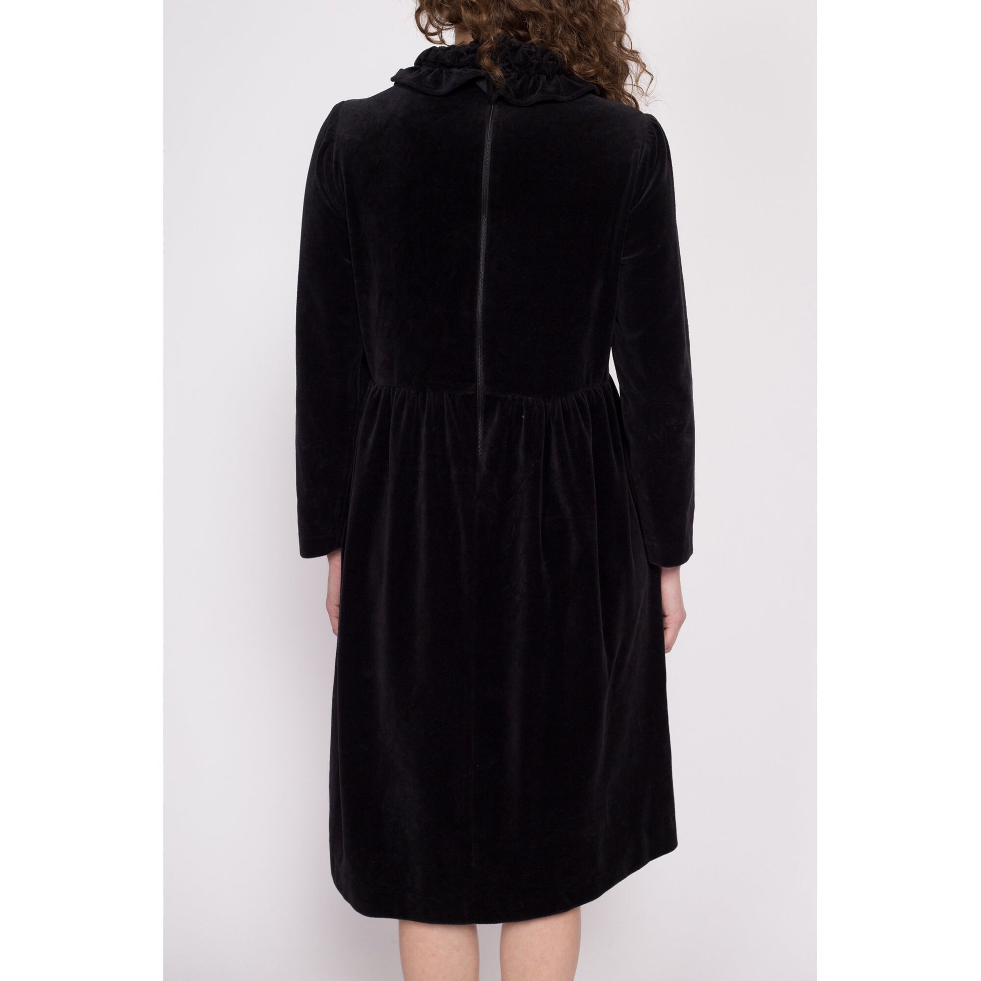 Vintage Black Velvet Ruffle Collar Midi Dress - One Size