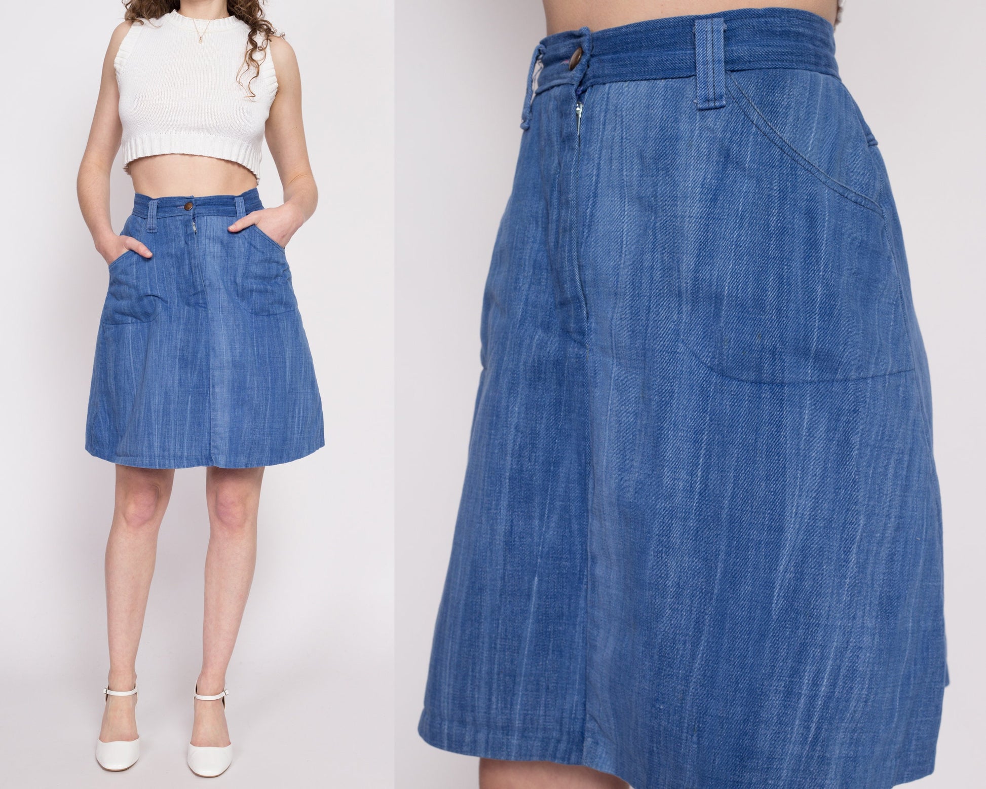 70s Boho Denim A Line Mini Skirt - Small, 26" | Vintage Flannel Lined High Waisted Flared Jean Skirt