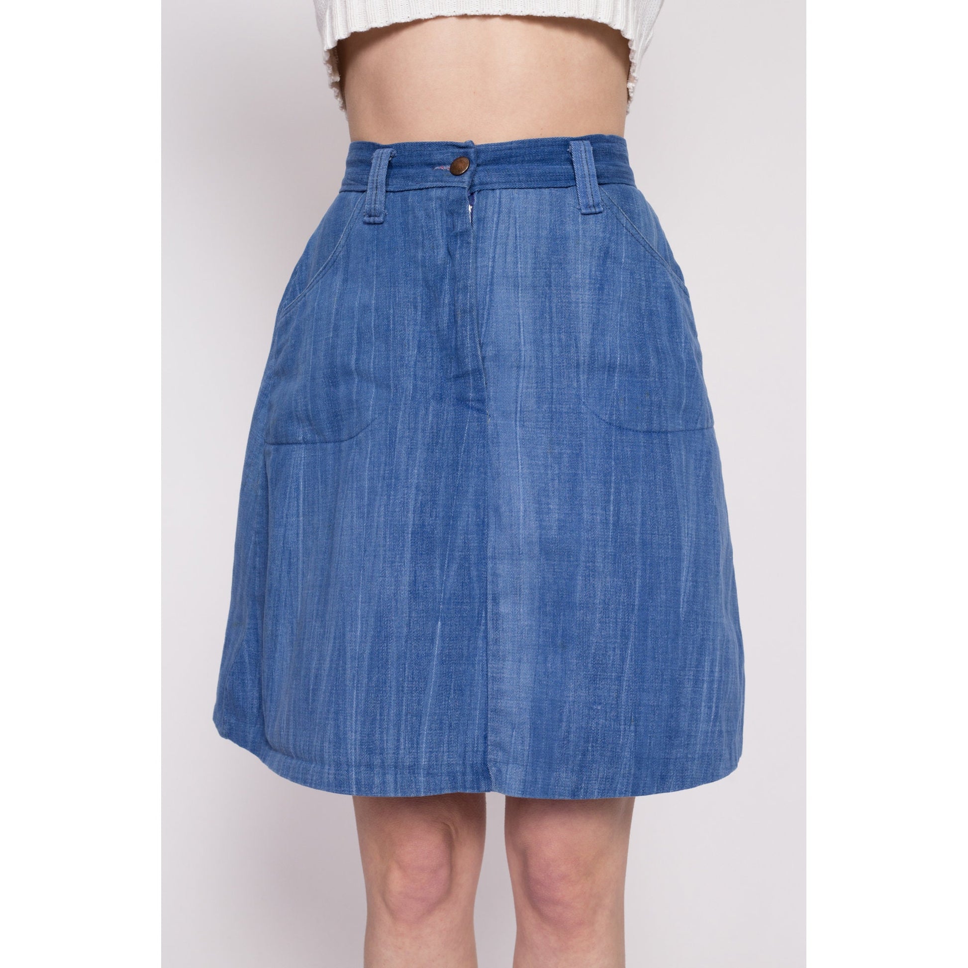 70s Boho Denim A Line Mini Skirt - Small, 26" | Vintage Flannel Lined High Waisted Flared Jean Skirt