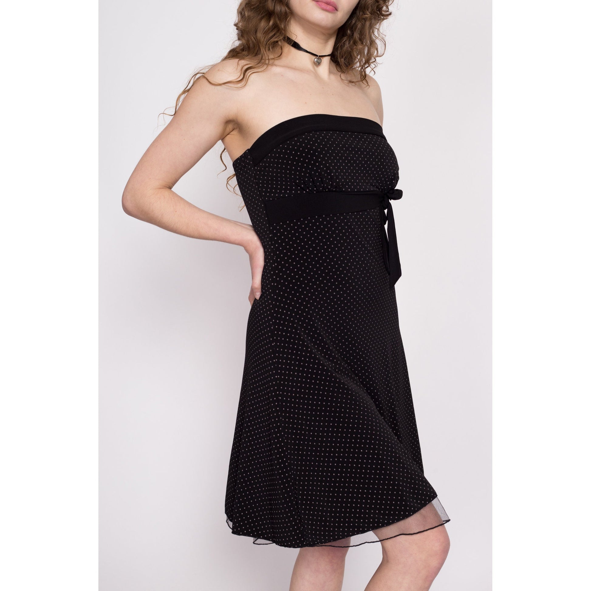 90s Y2K Black Polka Dot Strapless Party Dress - Medium | Vintage Fit & Flare Empire Waist Mesh Trim Formal Dress