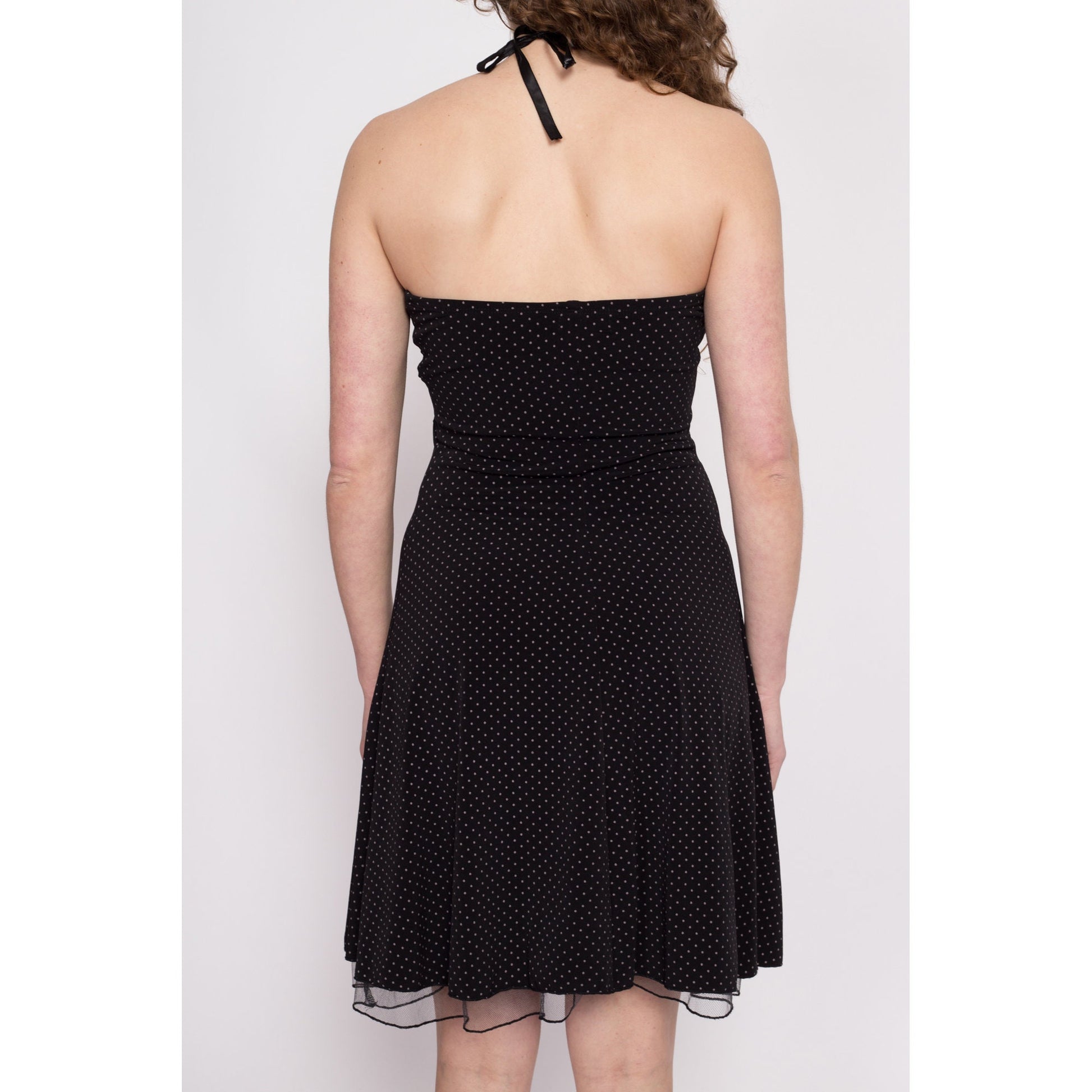 90s Y2K Black Polka Dot Strapless Party Dress - Medium | Vintage Fit & Flare Empire Waist Mesh Trim Formal Dress