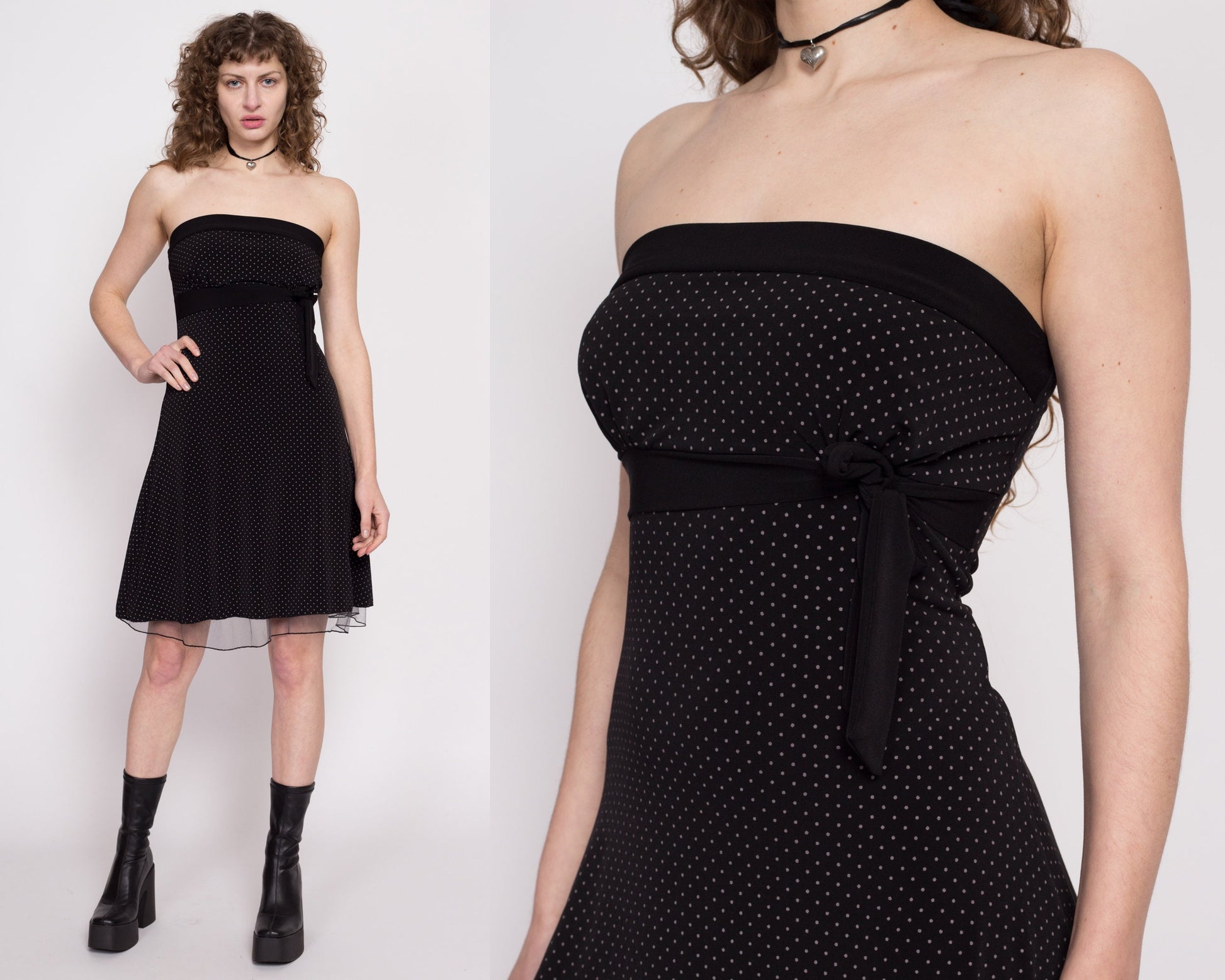 90s Y2K Black Polka Dot Strapless Party Dress - Medium | Vintage Fit & Flare Empire Waist Mesh Trim Formal Dress