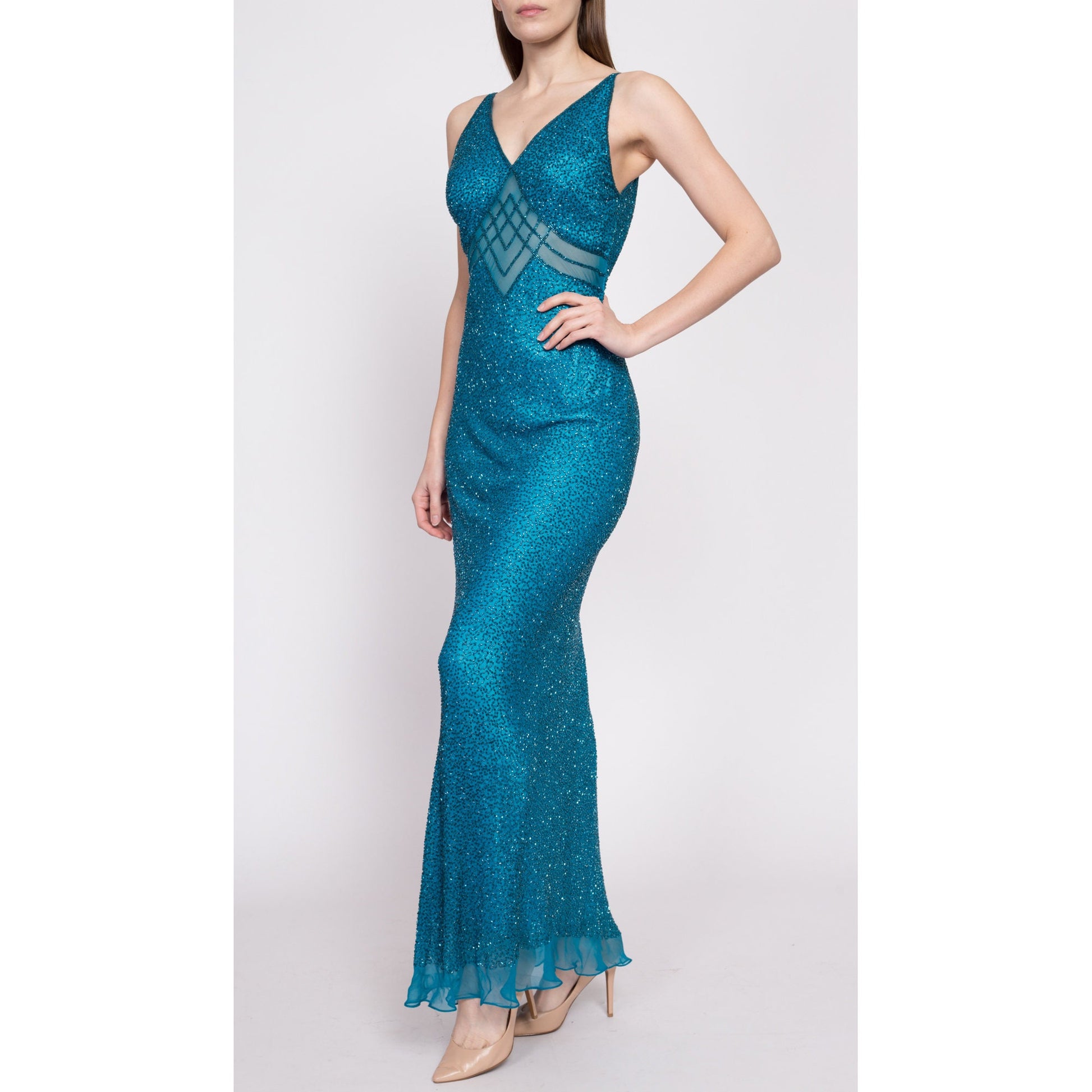 Vintage Scala Teal Beaded Silk Low Back Gown - Small