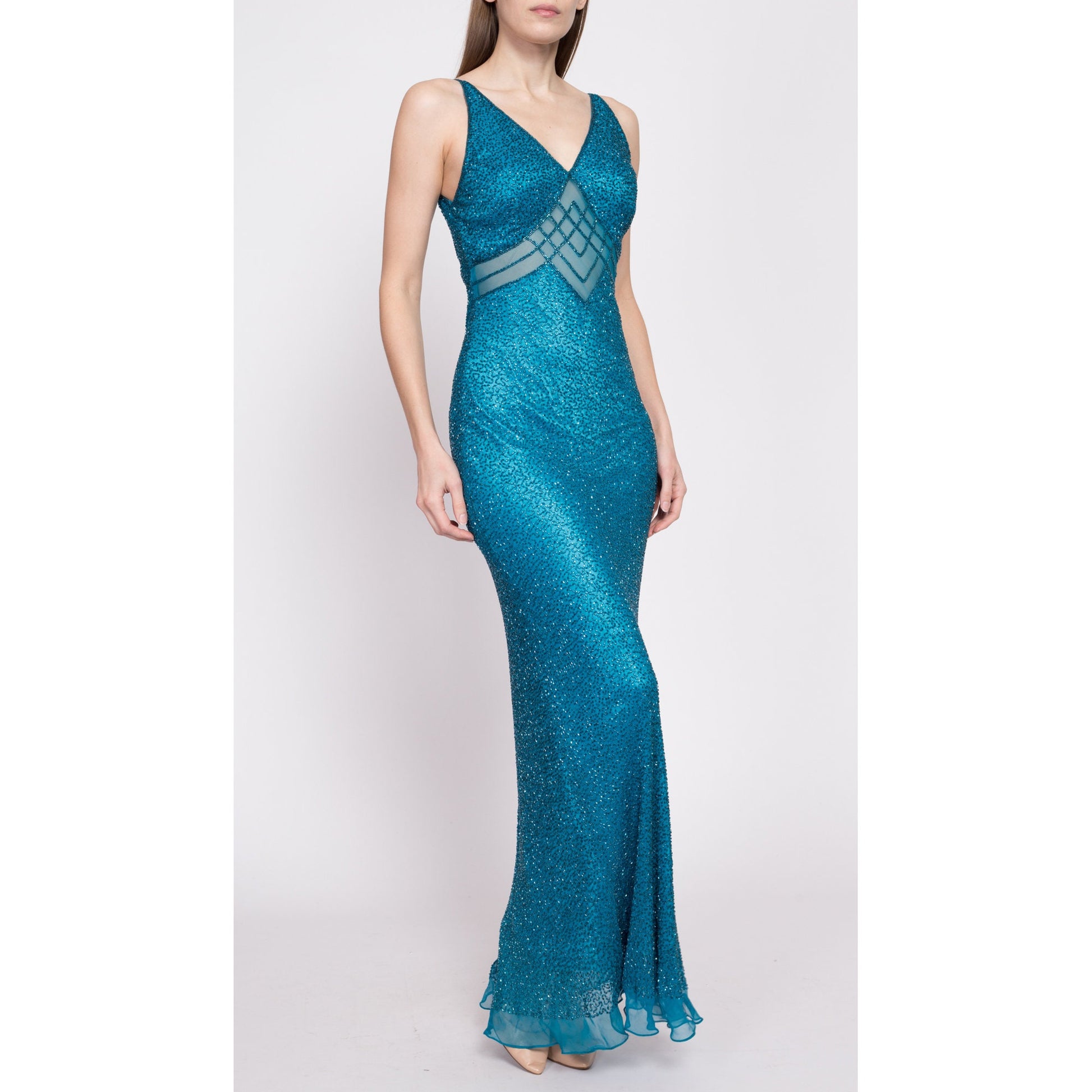 Vintage Scala Teal Beaded Silk Low Back Gown - Small
