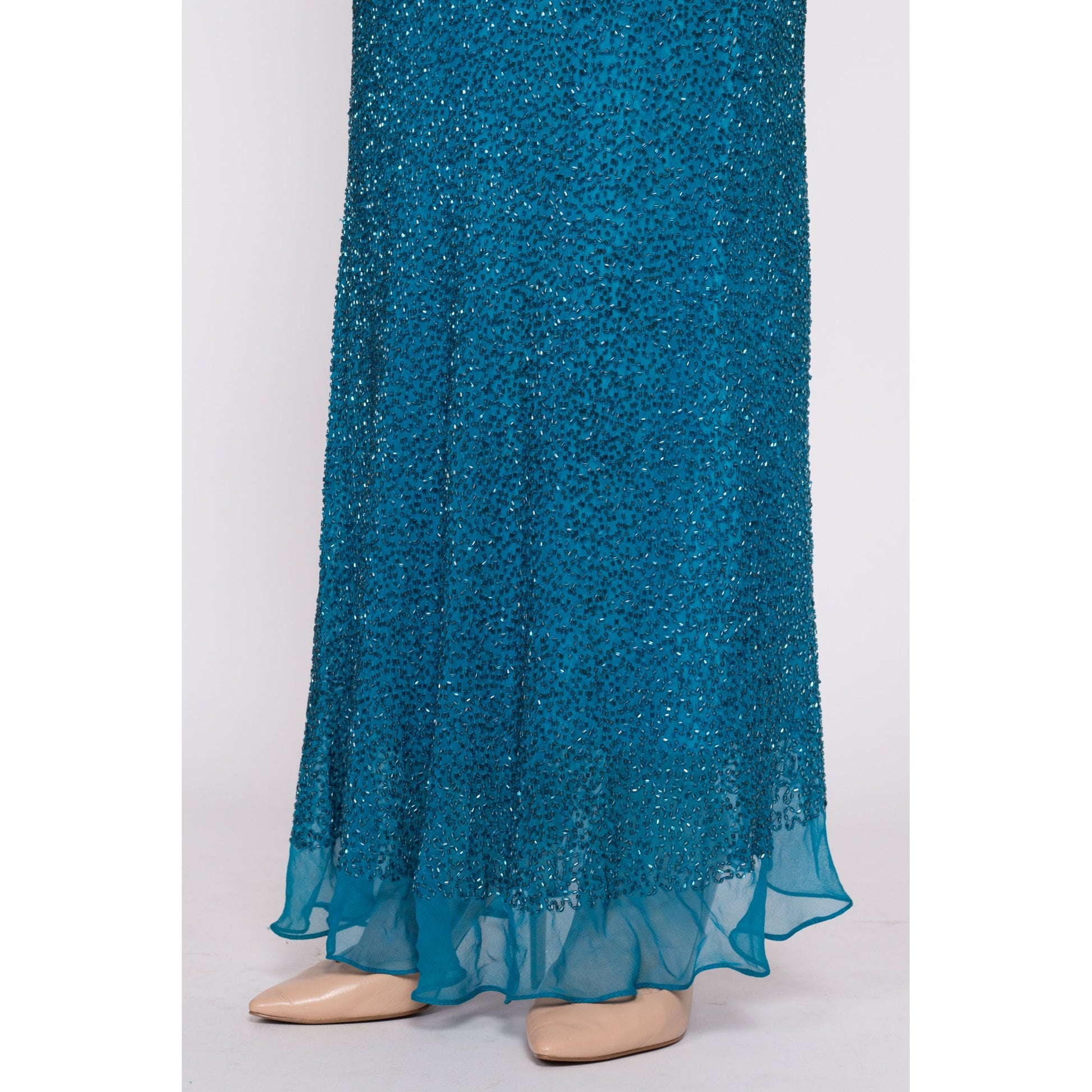 Vintage Scala Teal Beaded Silk Low Back Gown - Small