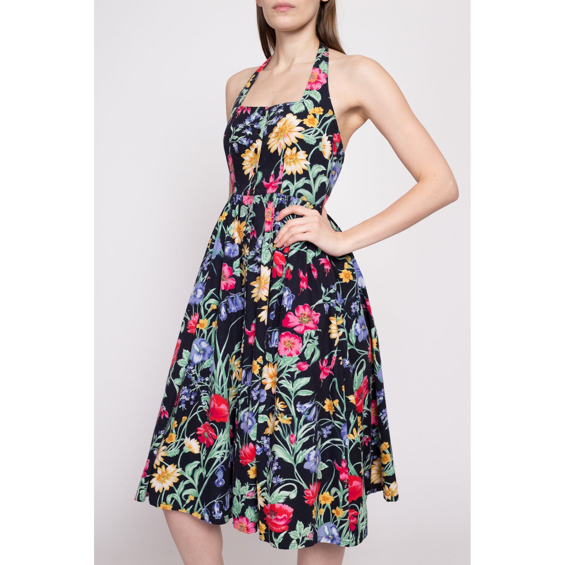 80s Black Floral Fit & Flare Sundress