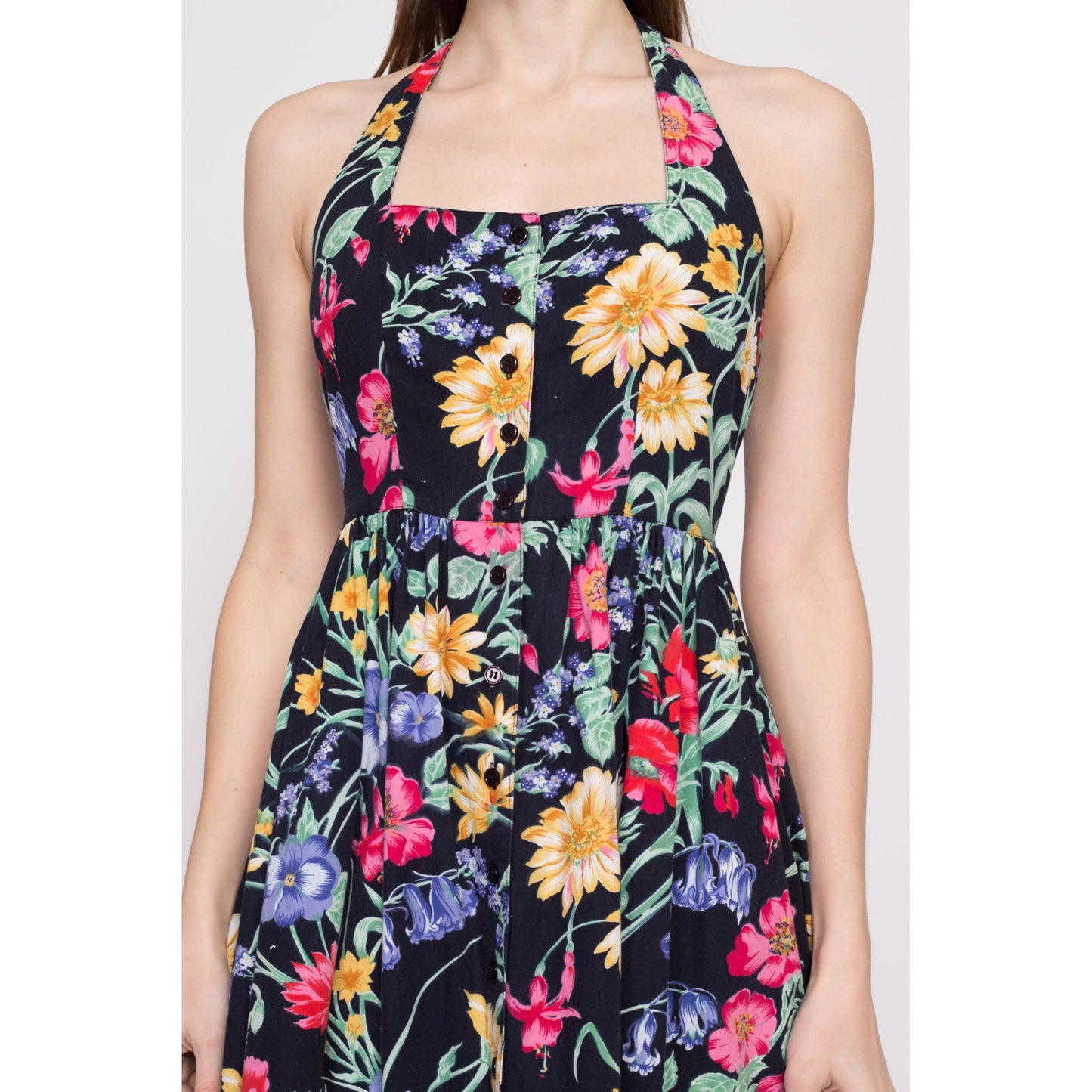 80s Black Floral Fit & Flare Sundress - Extra Small