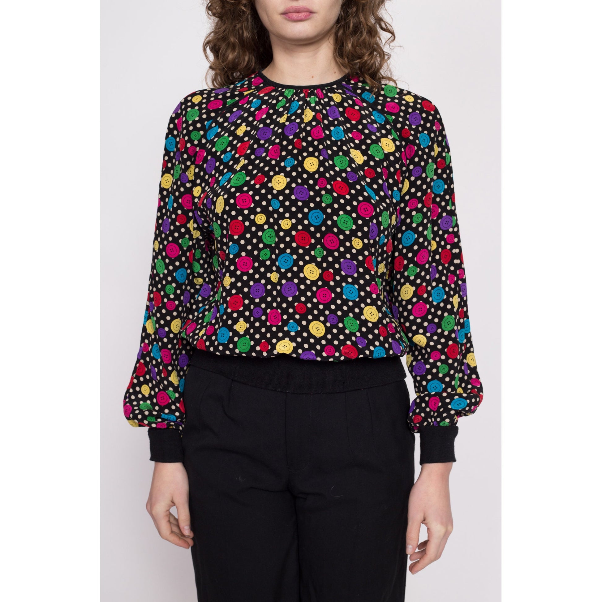 80s Button Print Silk Blouse - Medium | Vintage Oversize Rainbow Polka Dot Pleated Novelty Top