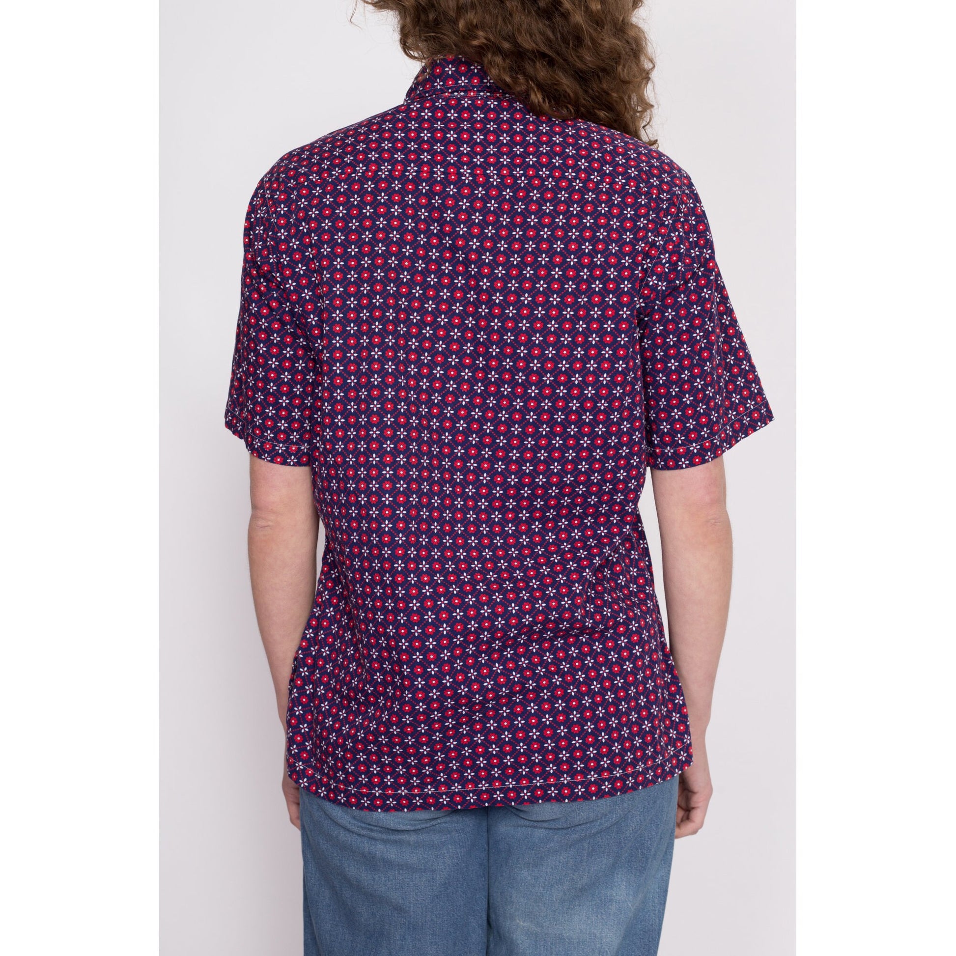 70s Mod Floral Collared Shirt - Men's Small to Medium | Vintage Red White Blue Boho Short Sleeve Button Up Top