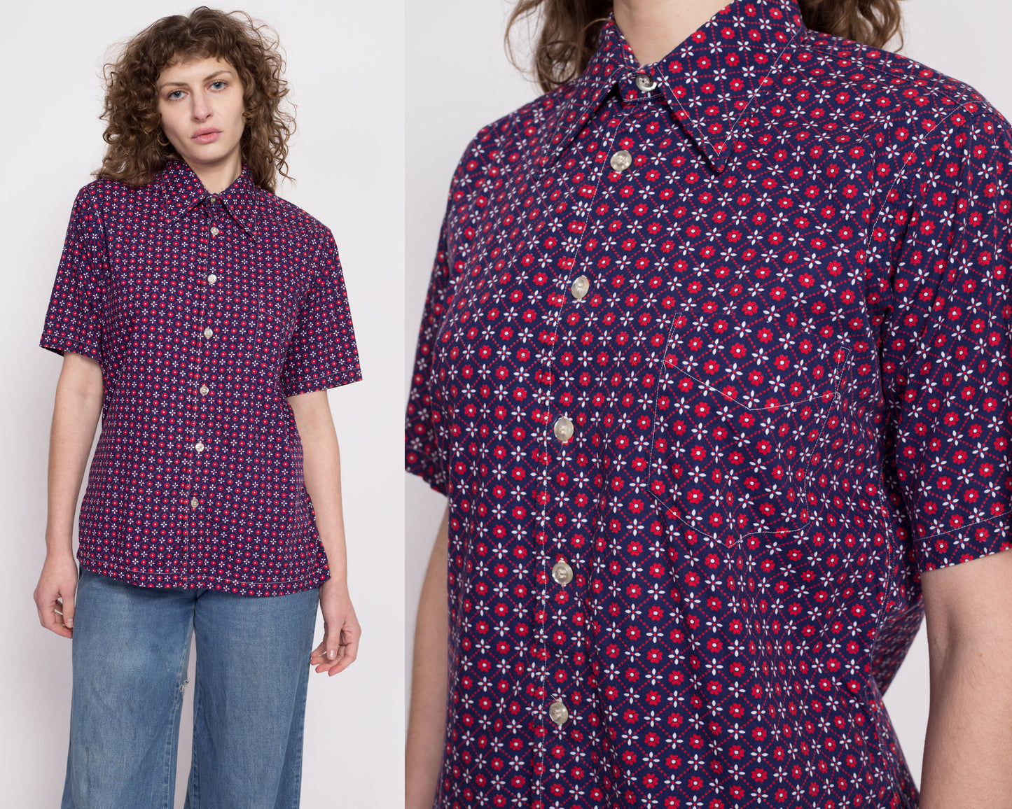 70s Mod Floral Collared Shirt - Men's Small to Medium | Vintage Red White Blue Boho Short Sleeve Button Up Top