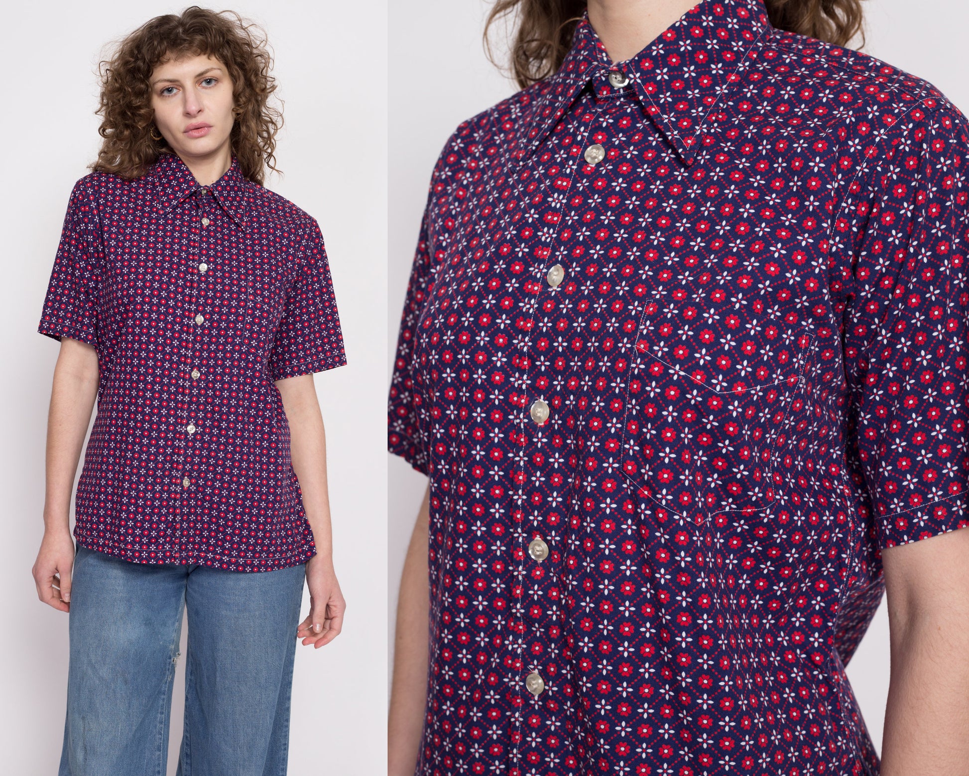 70s Mod Floral Collared Shirt - Men's Small to Medium | Vintage Red White Blue Boho Short Sleeve Button Up Top