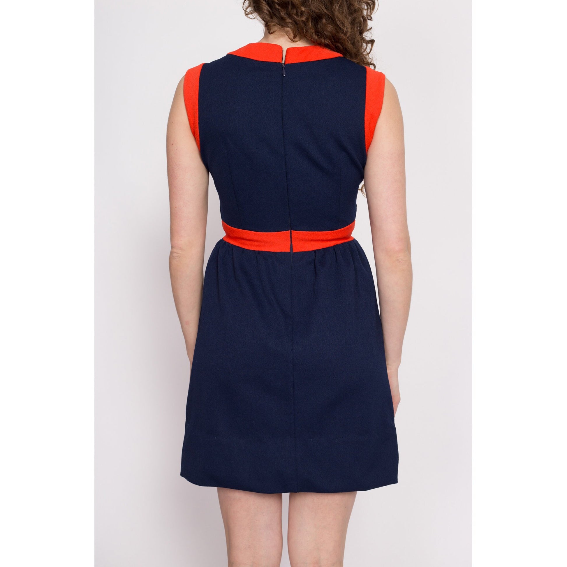 60s 70s Mod Navy Blue Color Block Mini Dress - Small | Vintage A Line Fit Flare Retro Sleeveless Dress