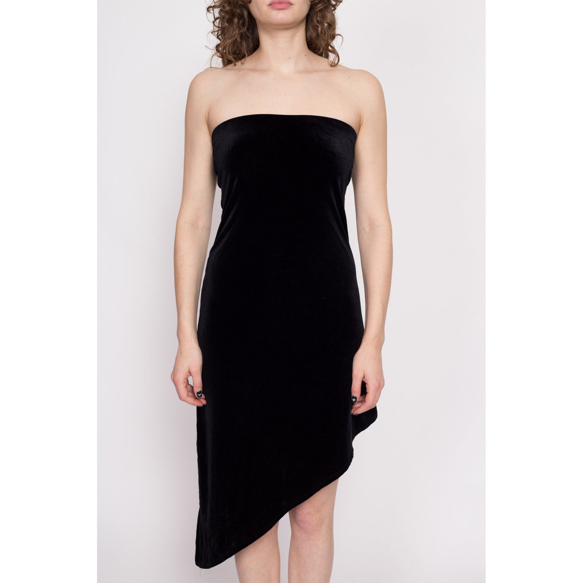 90s Strapless Black Velvet High Low Hem Dress - Medium | Vintage Cocktail Party Asymmetrical Little Black Dress