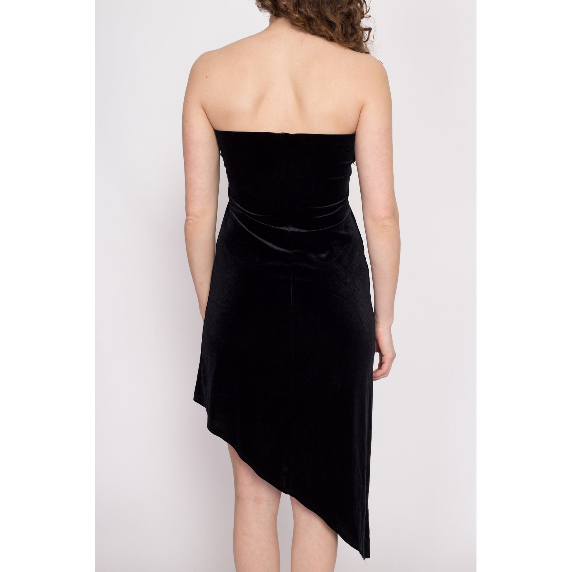 90s Strapless Black Velvet High Low Hem Dress - Medium | Vintage Cocktail Party Asymmetrical Little Black Dress