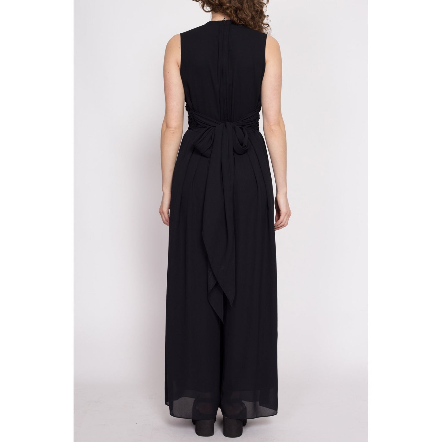 80s Black Ruched Palazzo Jumpsuit - Medium | Vintage Sleeveless Fitted Waist Wide Leg Pantsuit
