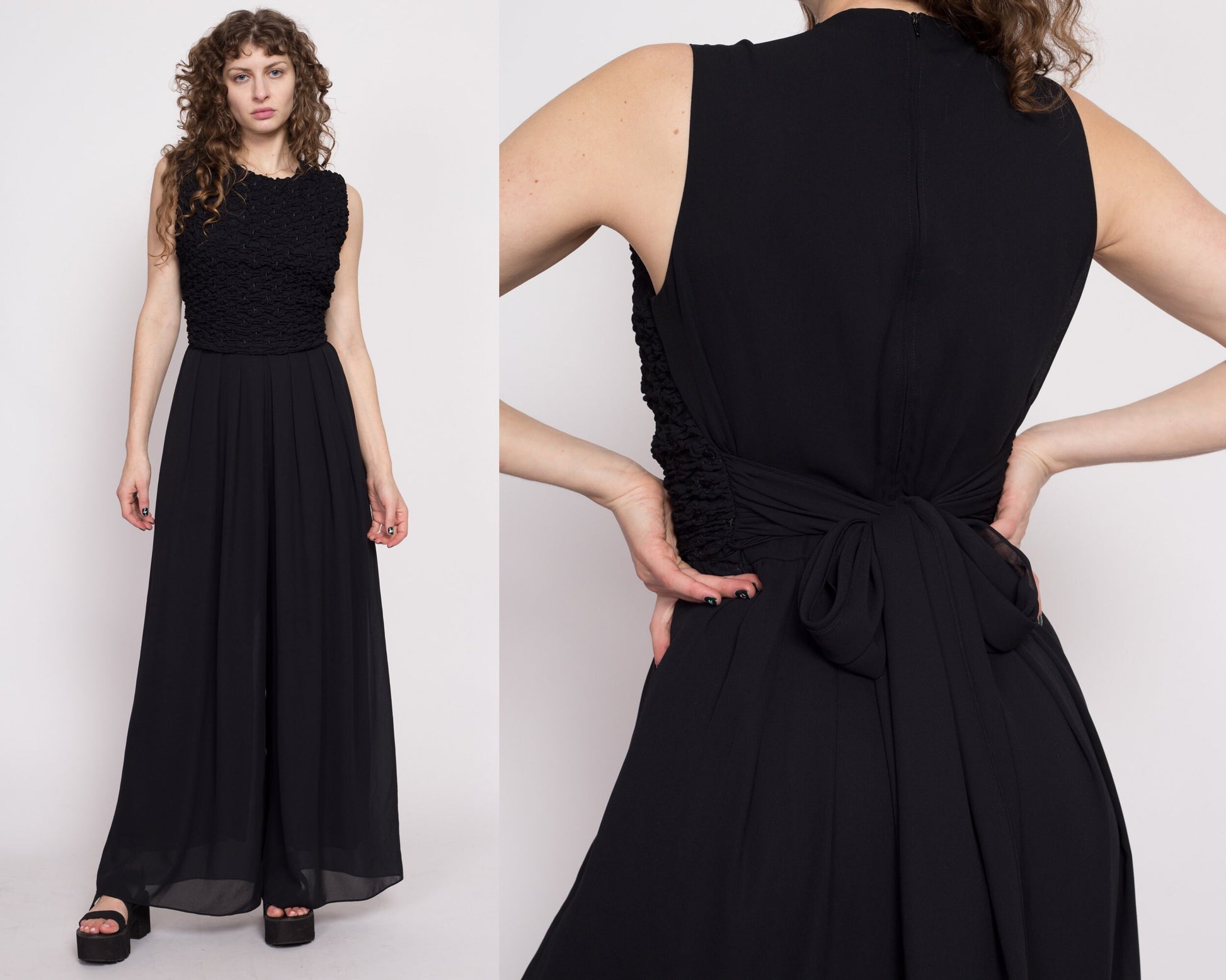 80s Black Ruched Palazzo Jumpsuit - Medium | Vintage Sleeveless Fitted Waist Wide Leg Pantsuit