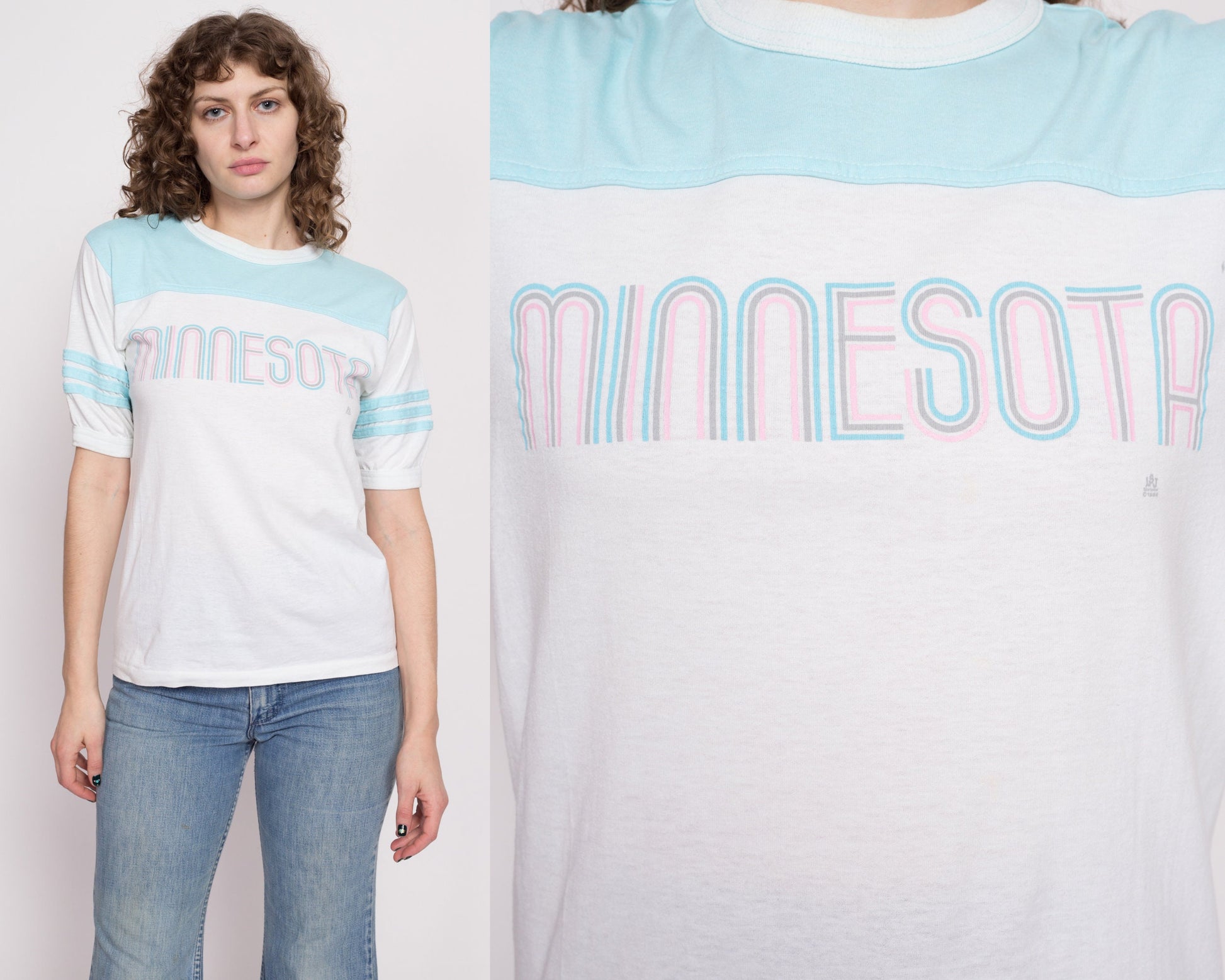 80s Minnesota Jersey T Shirt - Medium | Vintage Pastel Graphic Athletic Tee