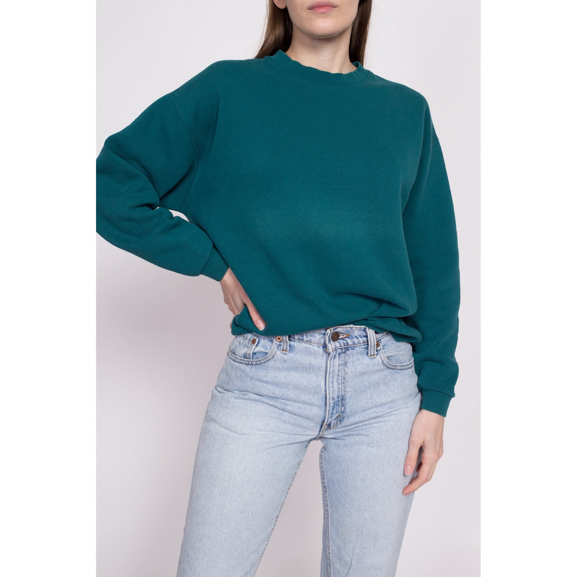 90s Lee Teal Green Crewneck Sweatshirt - Men's Medium Short, Women's Large | Vintage Blank Slouchy Plain Pullover