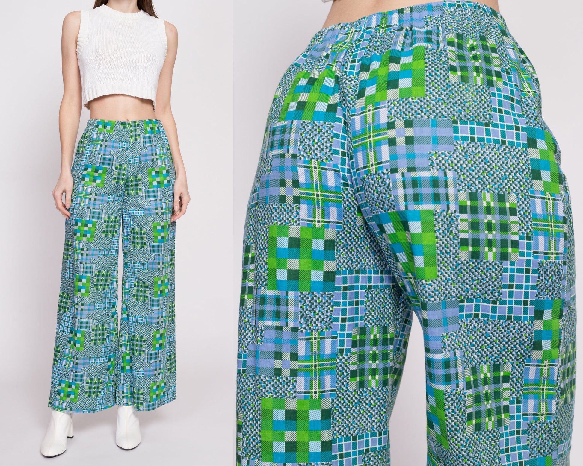 70s Checkered Geometric Print Pants - Small to Medium